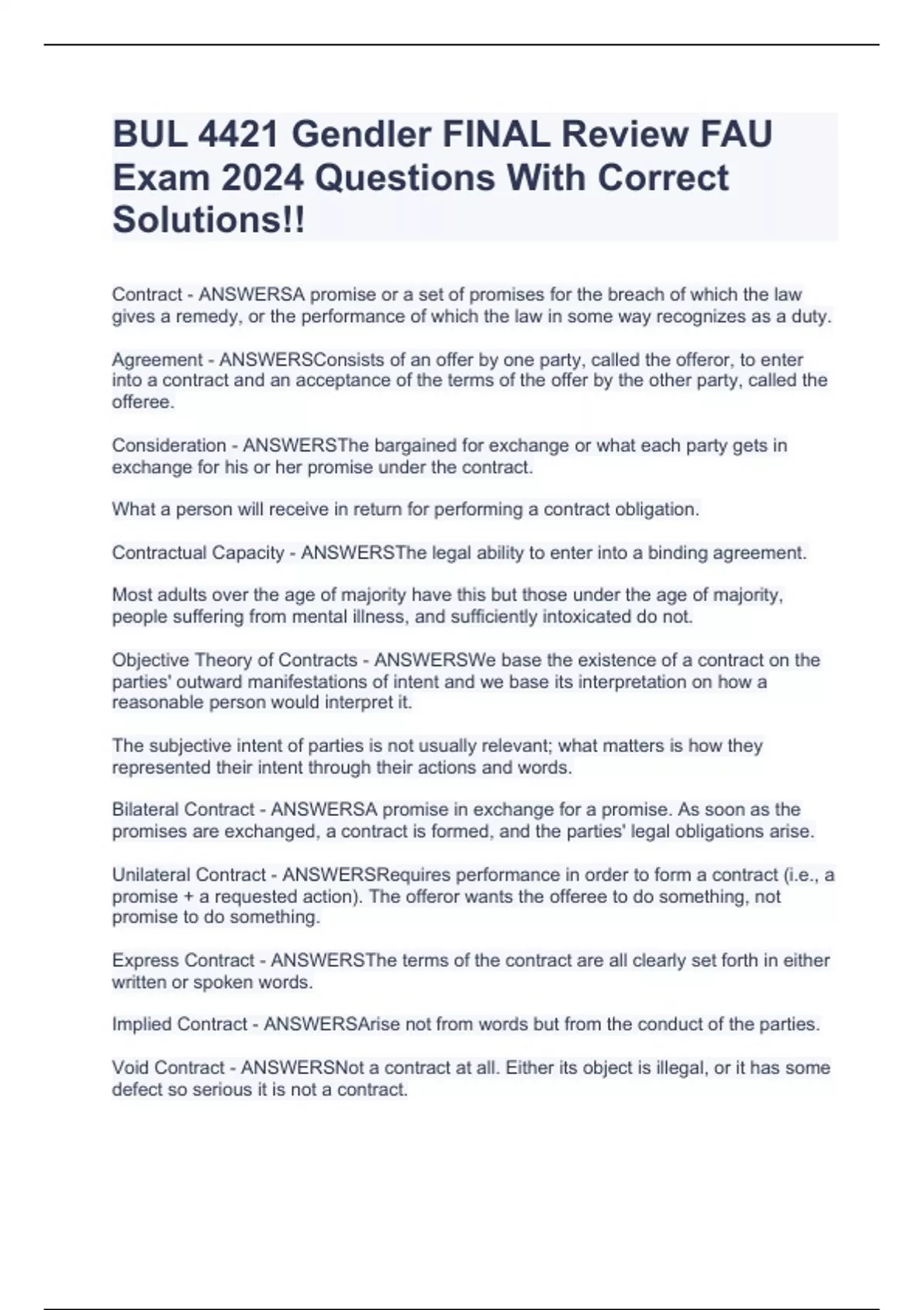 BUL 4421 Gendler FINAL Review FAU Exam 2024 Questions With Correct