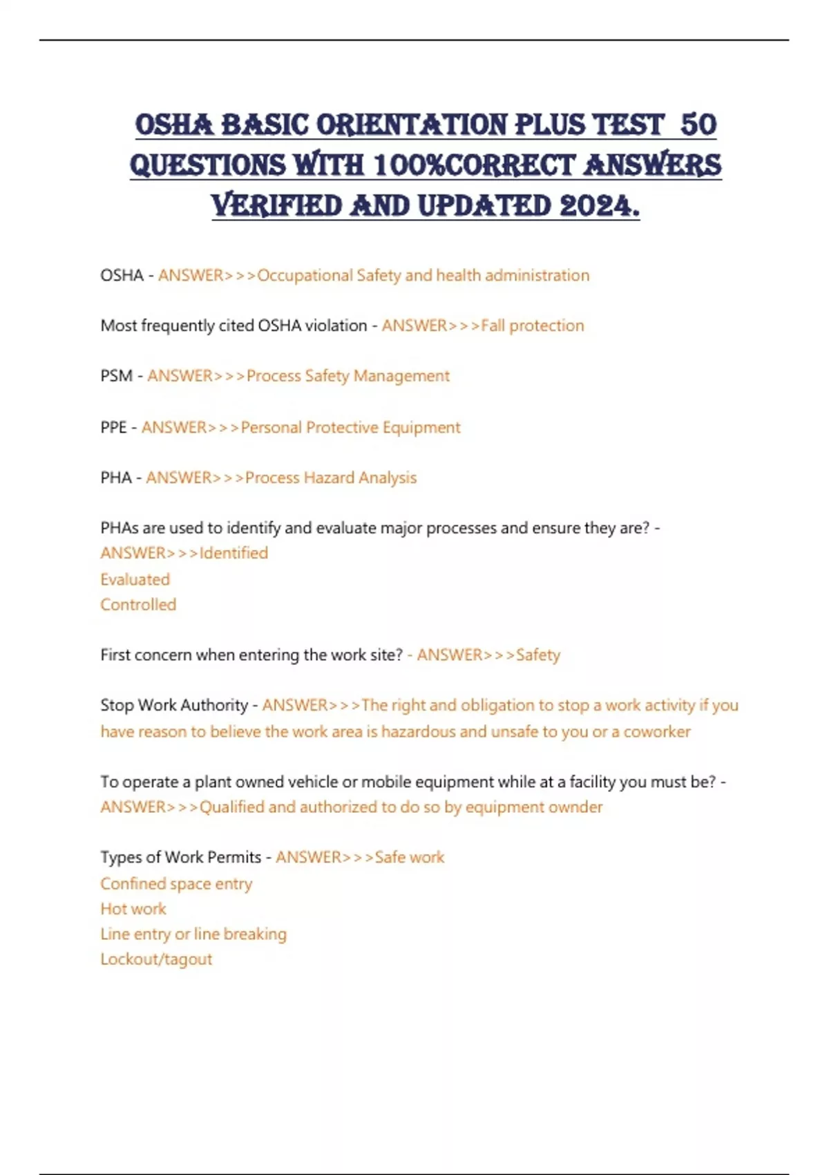 OSHA Basic Orientation Plus Test 50 Questions with 100%Correct Answers ...