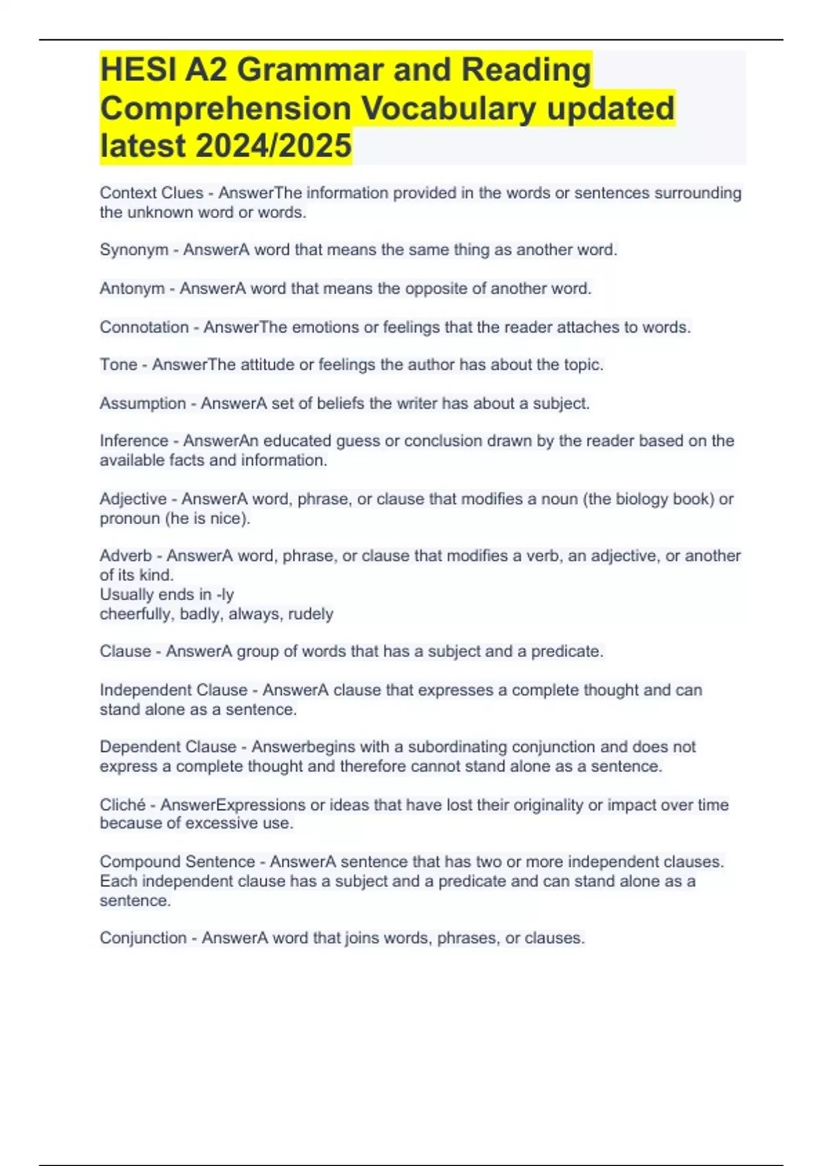 HESI A2 Grammar and Reading Comprehension Vocabulary updated latest ...