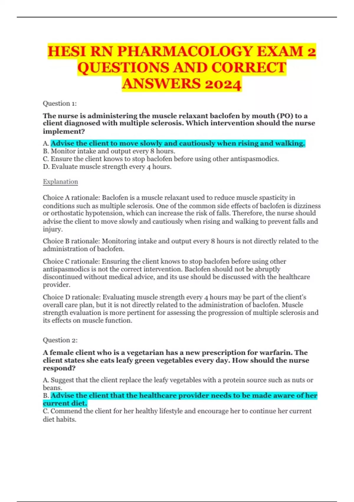HESI RN PHARMACOLOGY EXAM 2 QUESTIONS AND CORRECT ANSWERS 2024 - HESI ...