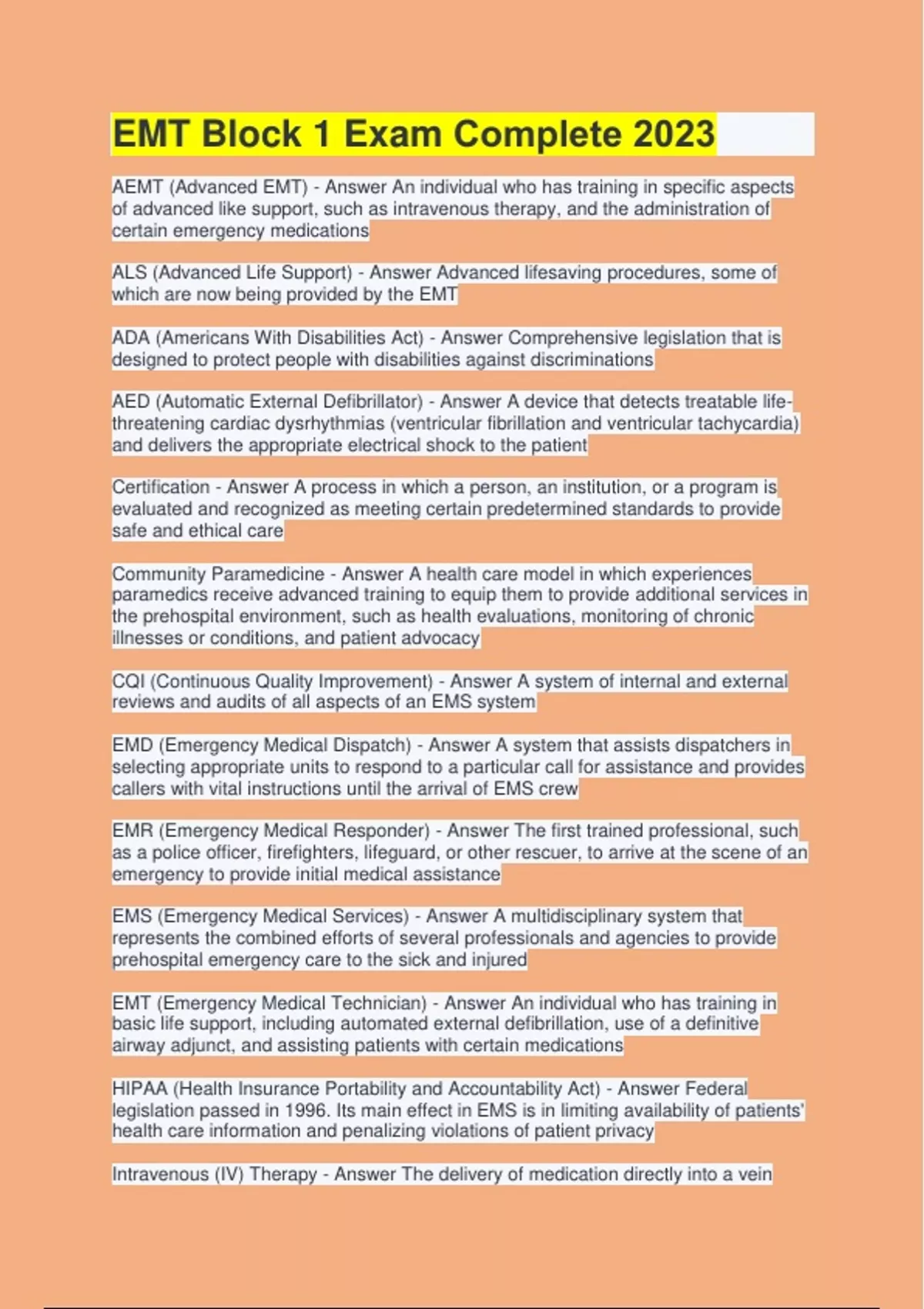 EMT Block 1 Exam Complete 2023 EMT Block 1 Stuvia US