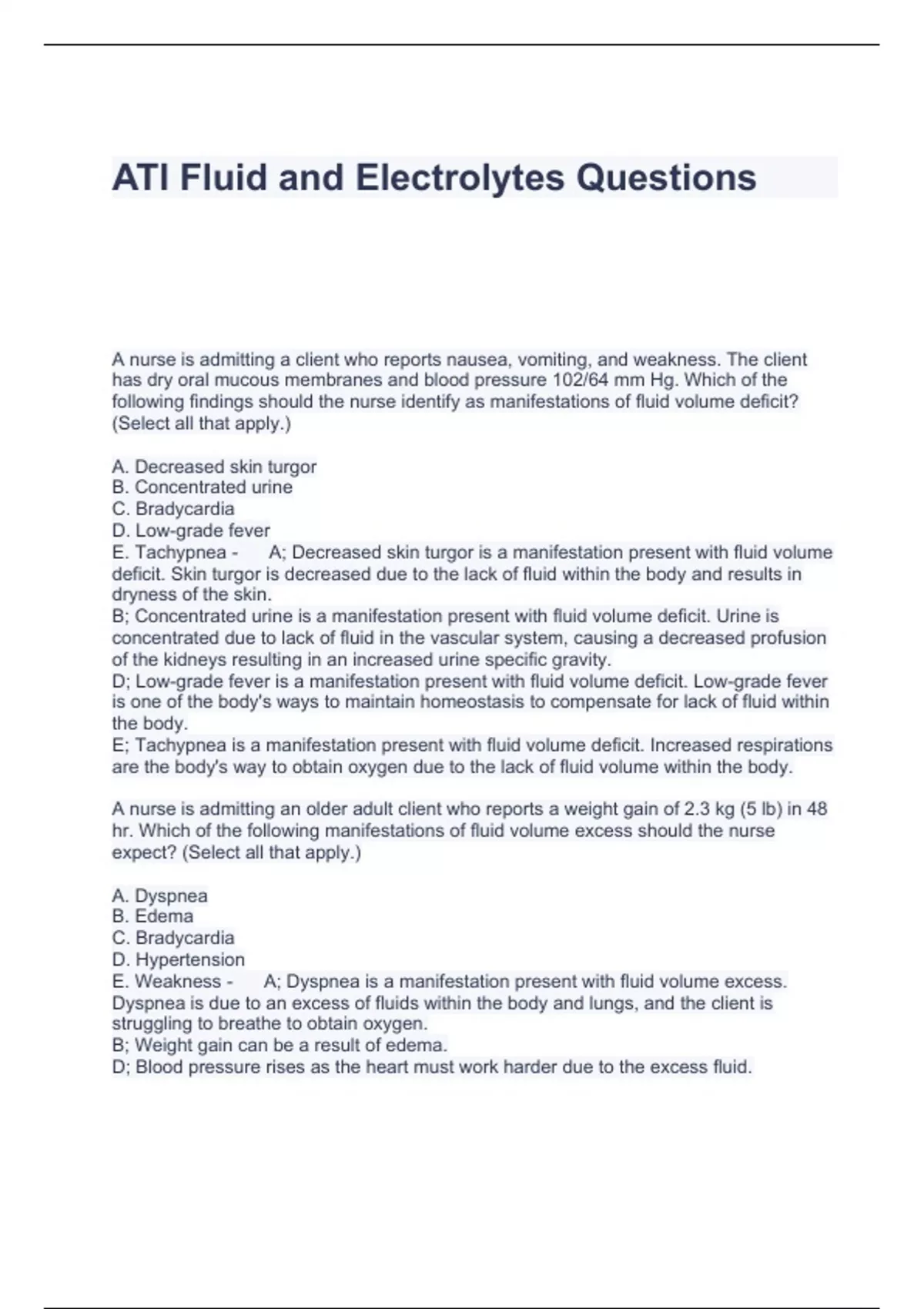 ATI Fluid and Electrolytes Questions and answers ATI MED SURG Stuvia US