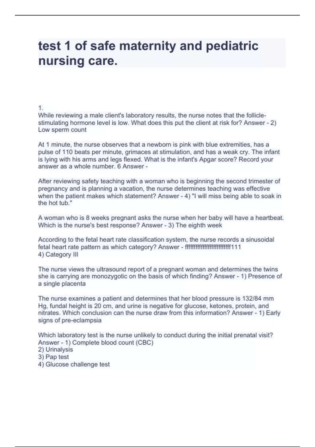 test 1 of safe maternity and pediatric nursing care MARTENITY AND