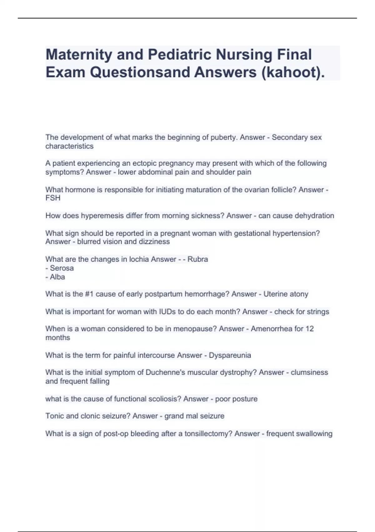 Maternity and Pediatric Nursing Final Exam Questionsand Answers