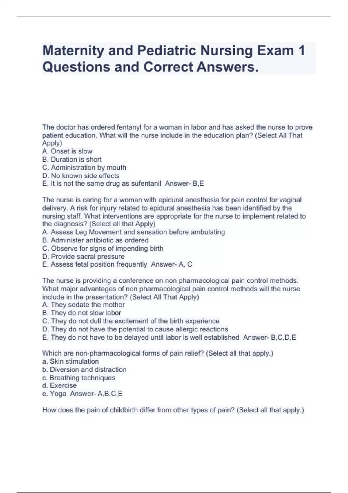 Maternity and Pediatric Nursing Exam 1 Questions and Correct Answers