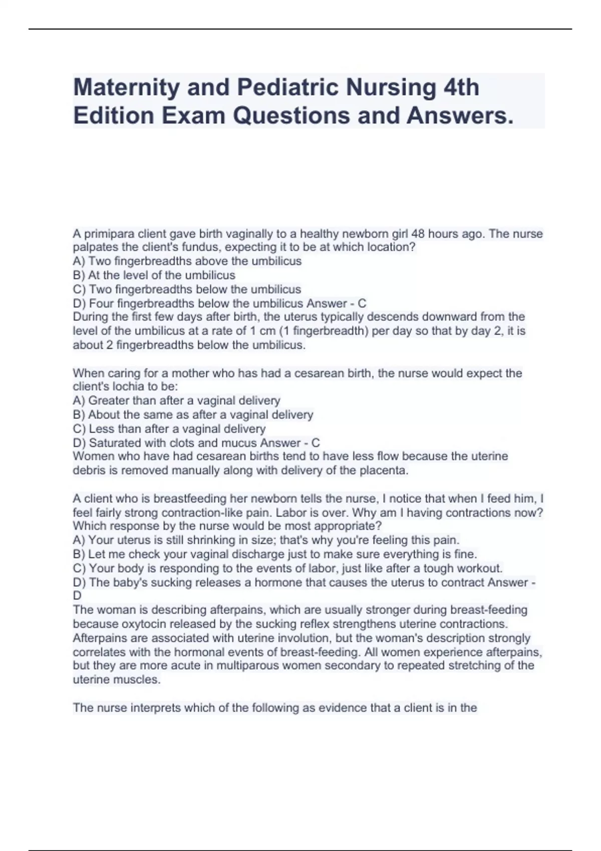 Maternity and Pediatric Nursing 4th Edition Exam Questions and Answers