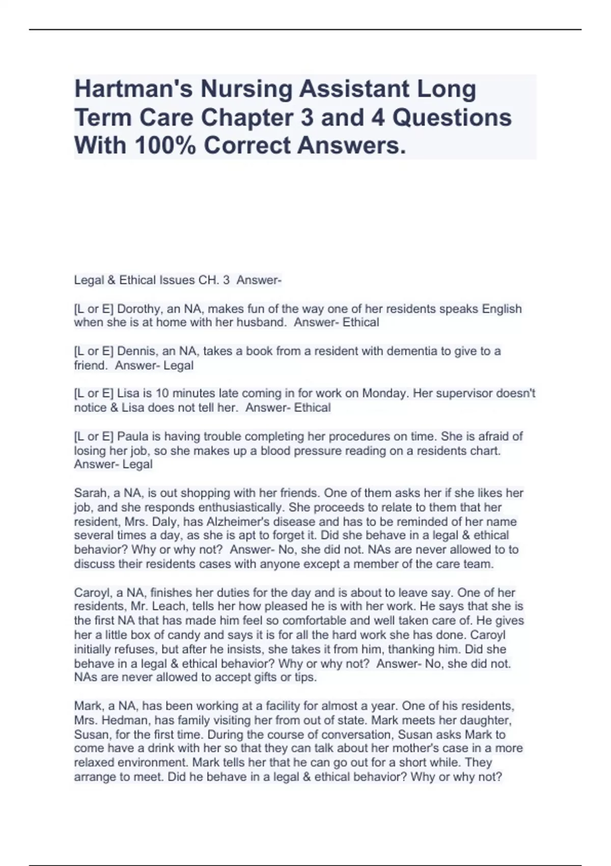 Hartman's Nursing Assistant Long Term Care Chapter 3 and 4 Questions With 100 Correct Answers