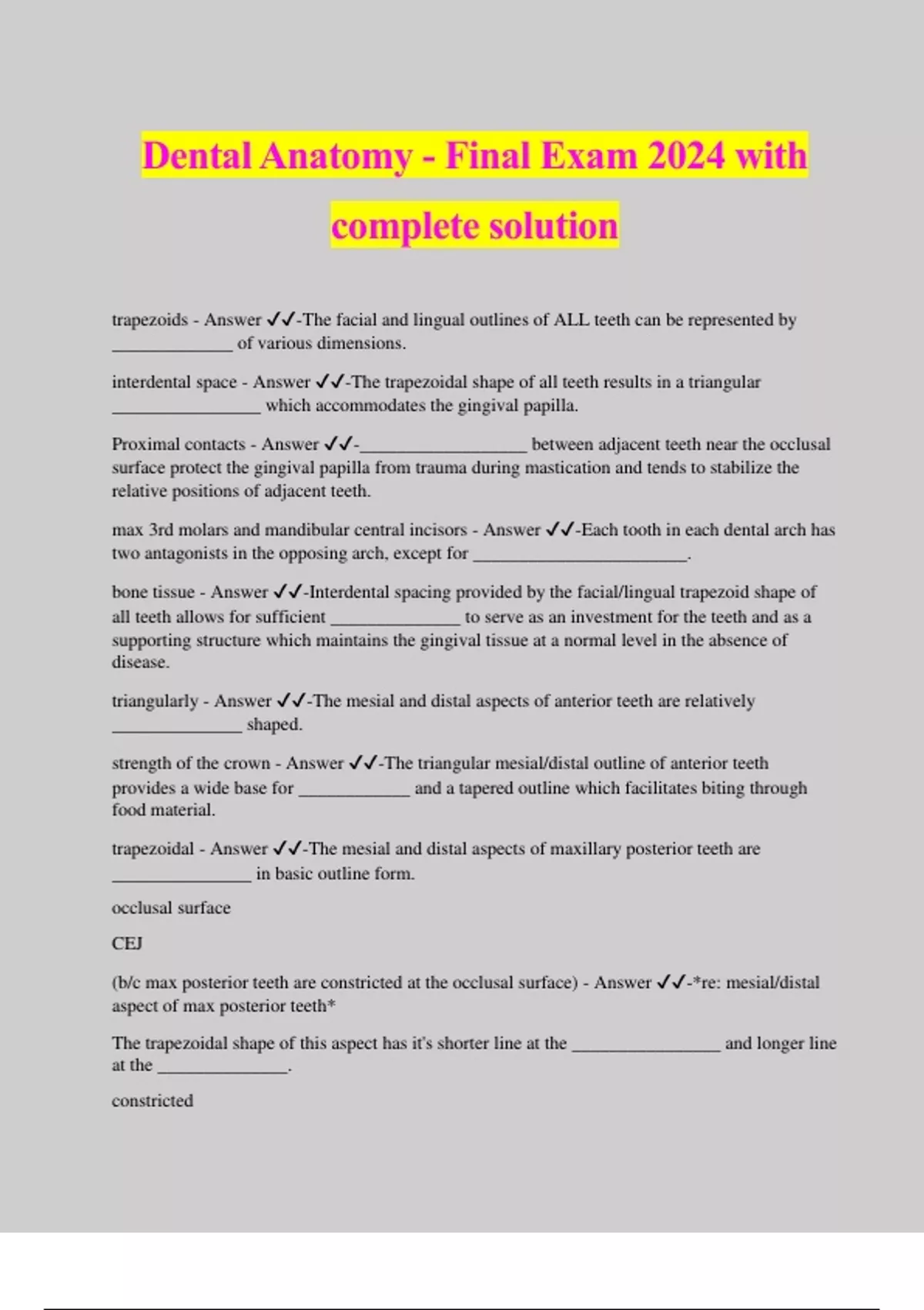 Dental Anatomy Final Exam 2024 with complete solution Dental