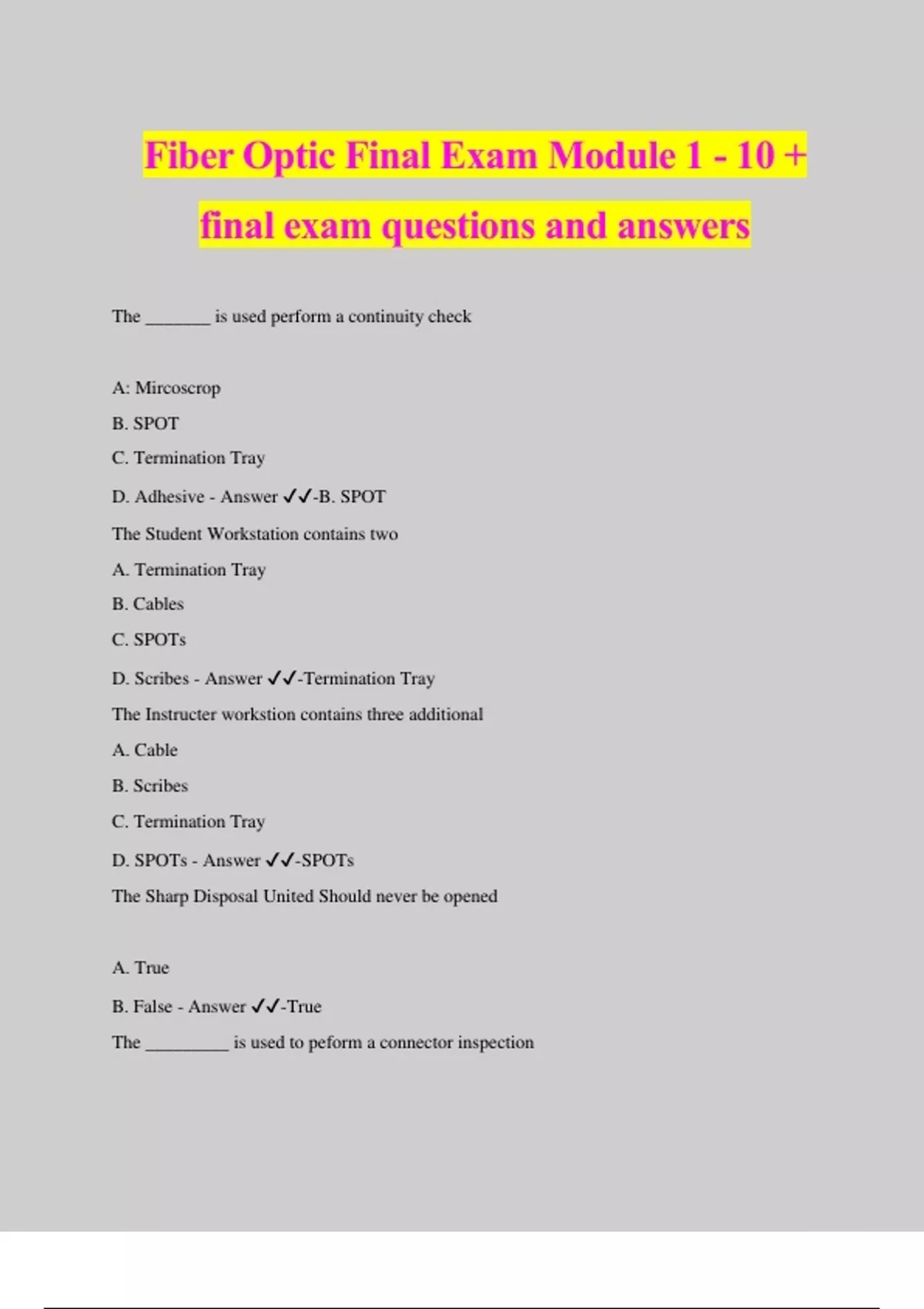 Fiber Optic Final Exam Module 1 10 + final exam questions and answers