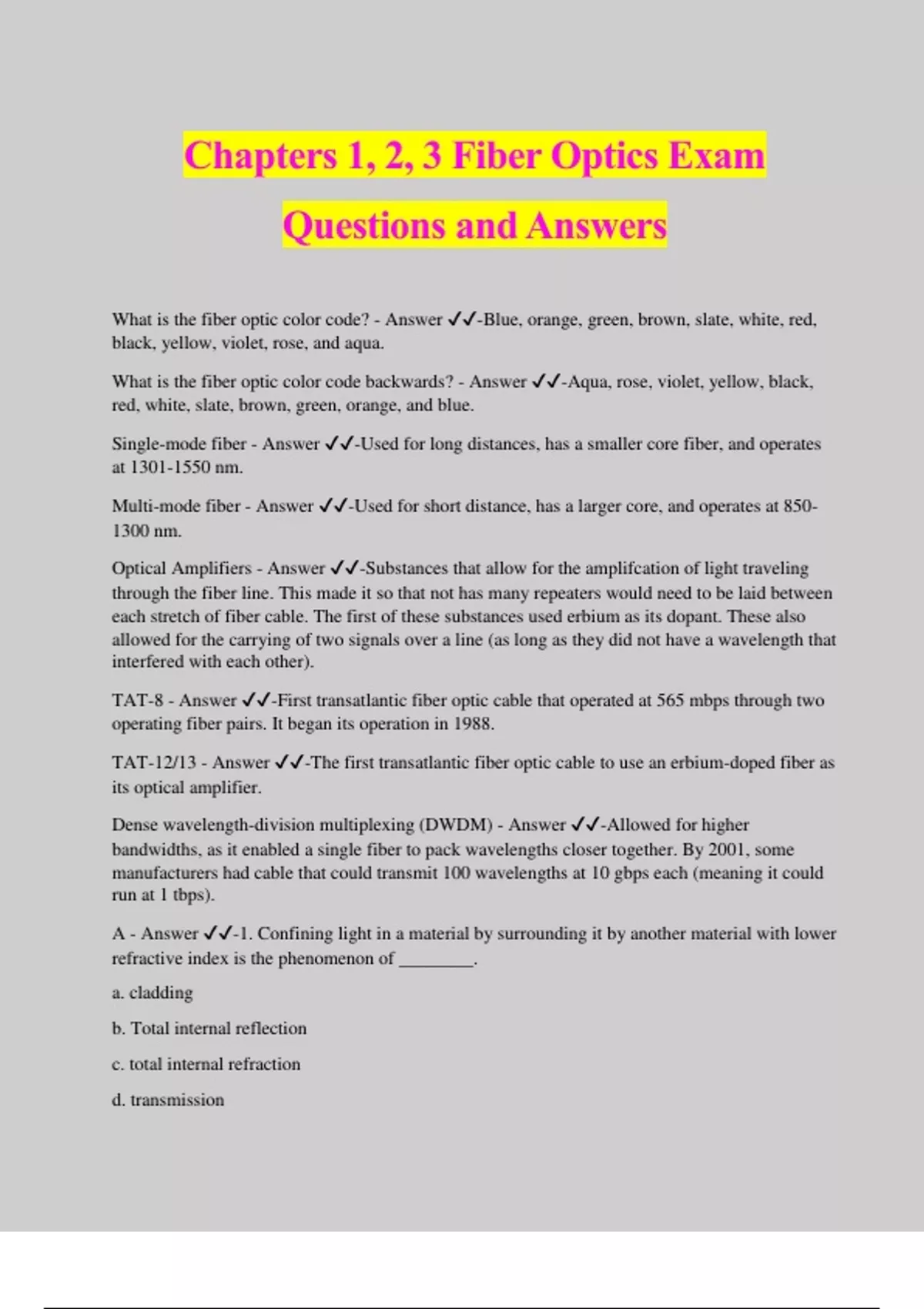 Chapters 1, 2, 3 Fiber Optics Exam Questions and Answers FOA CFOT