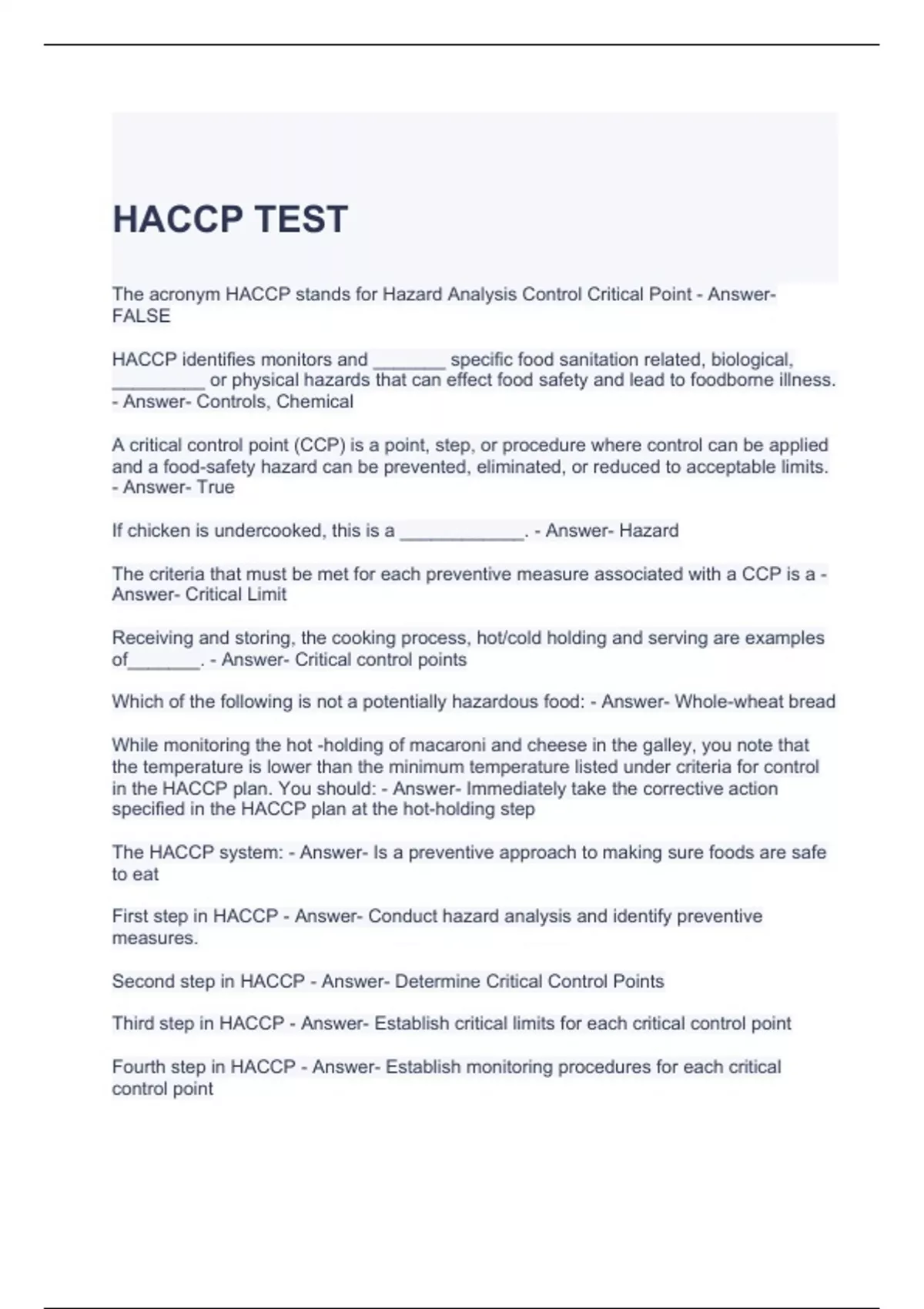 HACCP TEST QUESTIONS WITH CORRECT ANSWERS HACCP Stuvia US