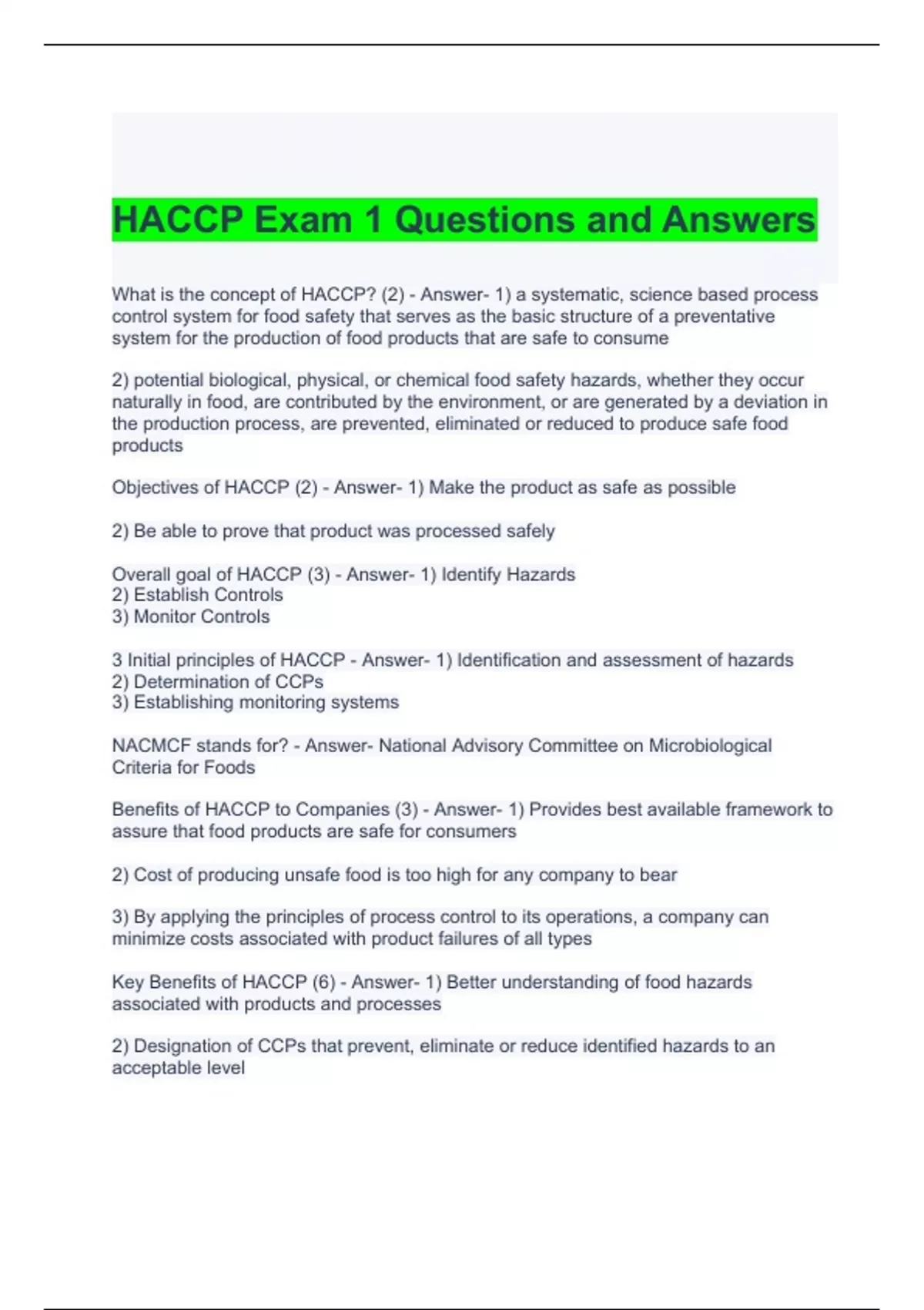 HACCP Exam 1 Questions and Answers HACCP Stuvia US