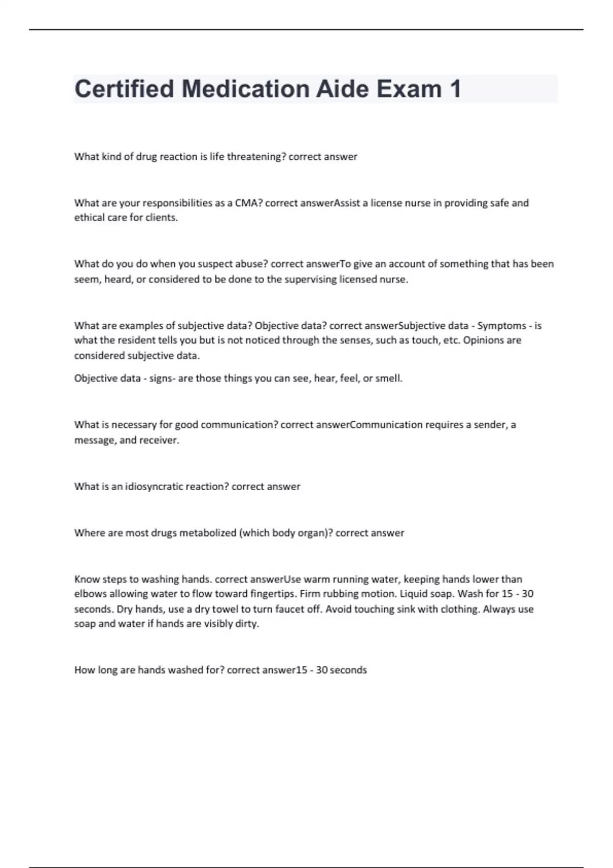 CERTIFIED MEDICATION AIDE EXAM 1 2024 ACTUAL EXAM CERTIFIED