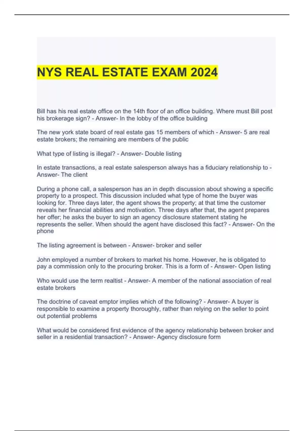 NYS REAL ESTATE EXAM 2024 QUESTIONS AND ANSWERS NY Real Estate