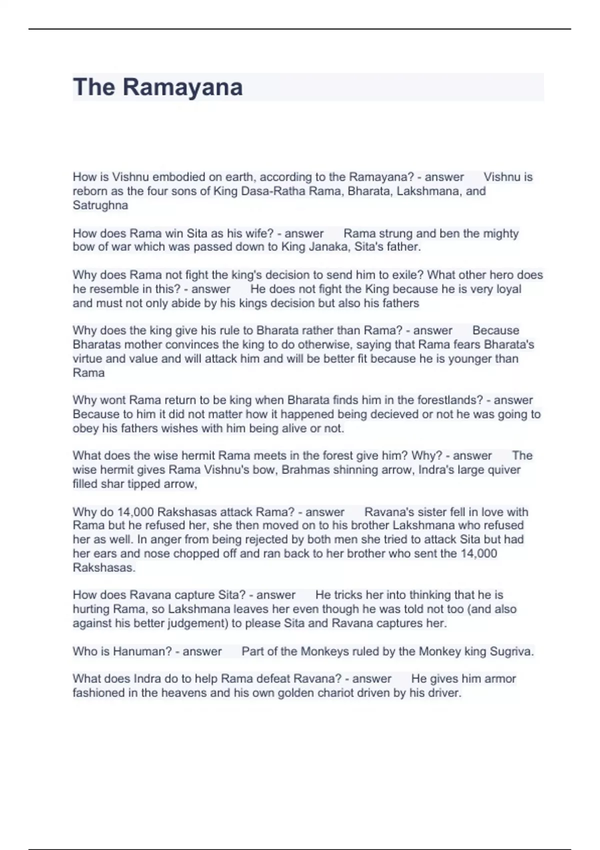The Ramayana Questions and Answers 100% Accurate 2024 - Dasa - Stuvia US