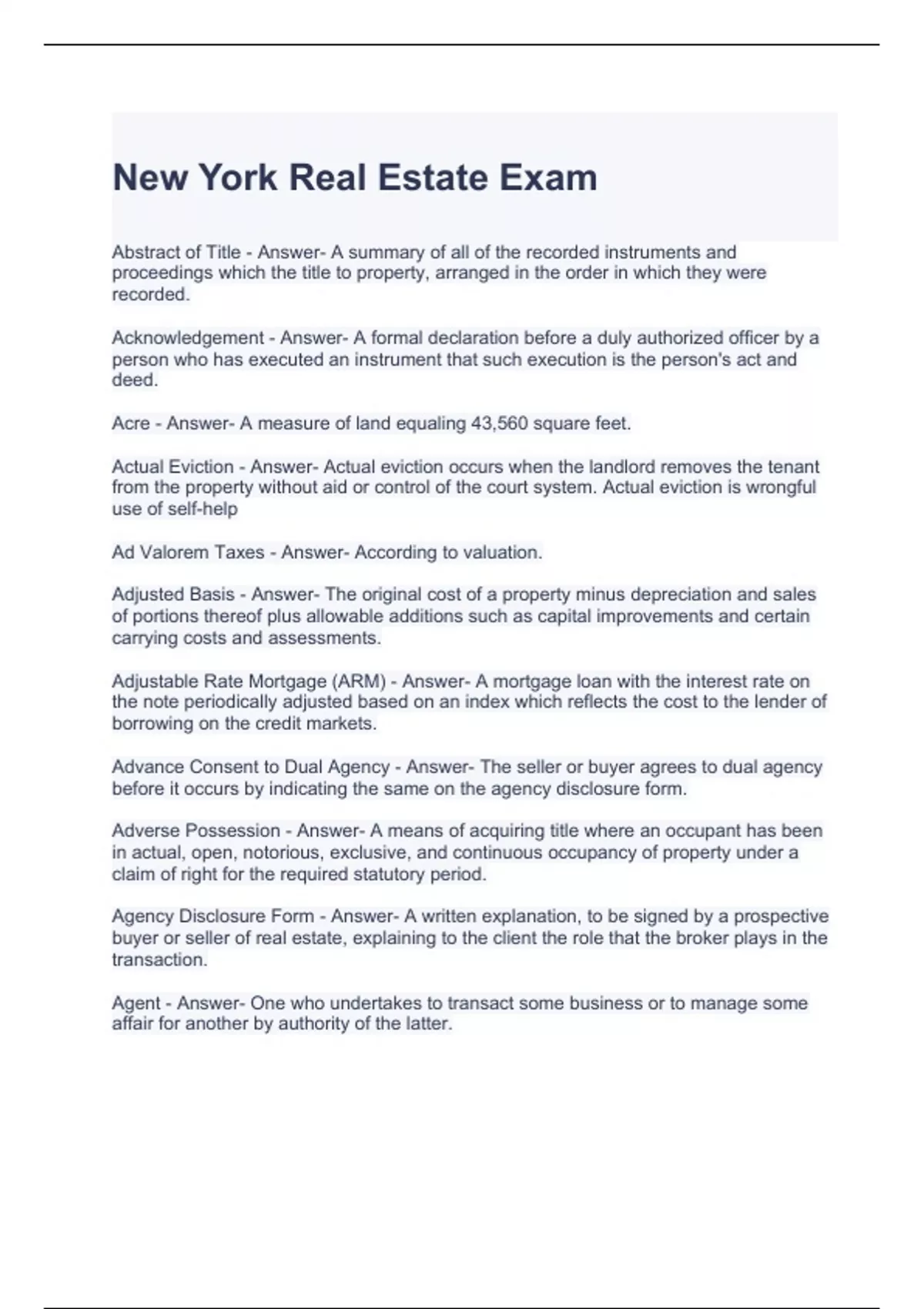 New York Real Estate Exam with 100 correct Answers NY Real Estate