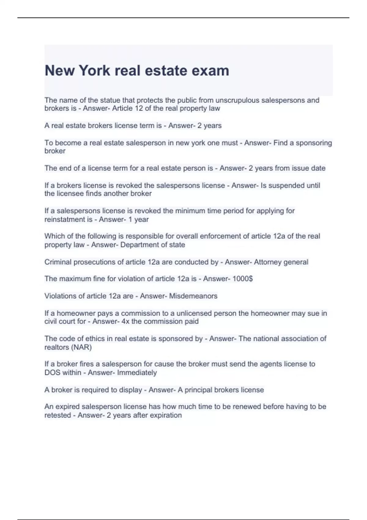 New York real estate exam questions with correct answers NY Real Estate Stuvia US