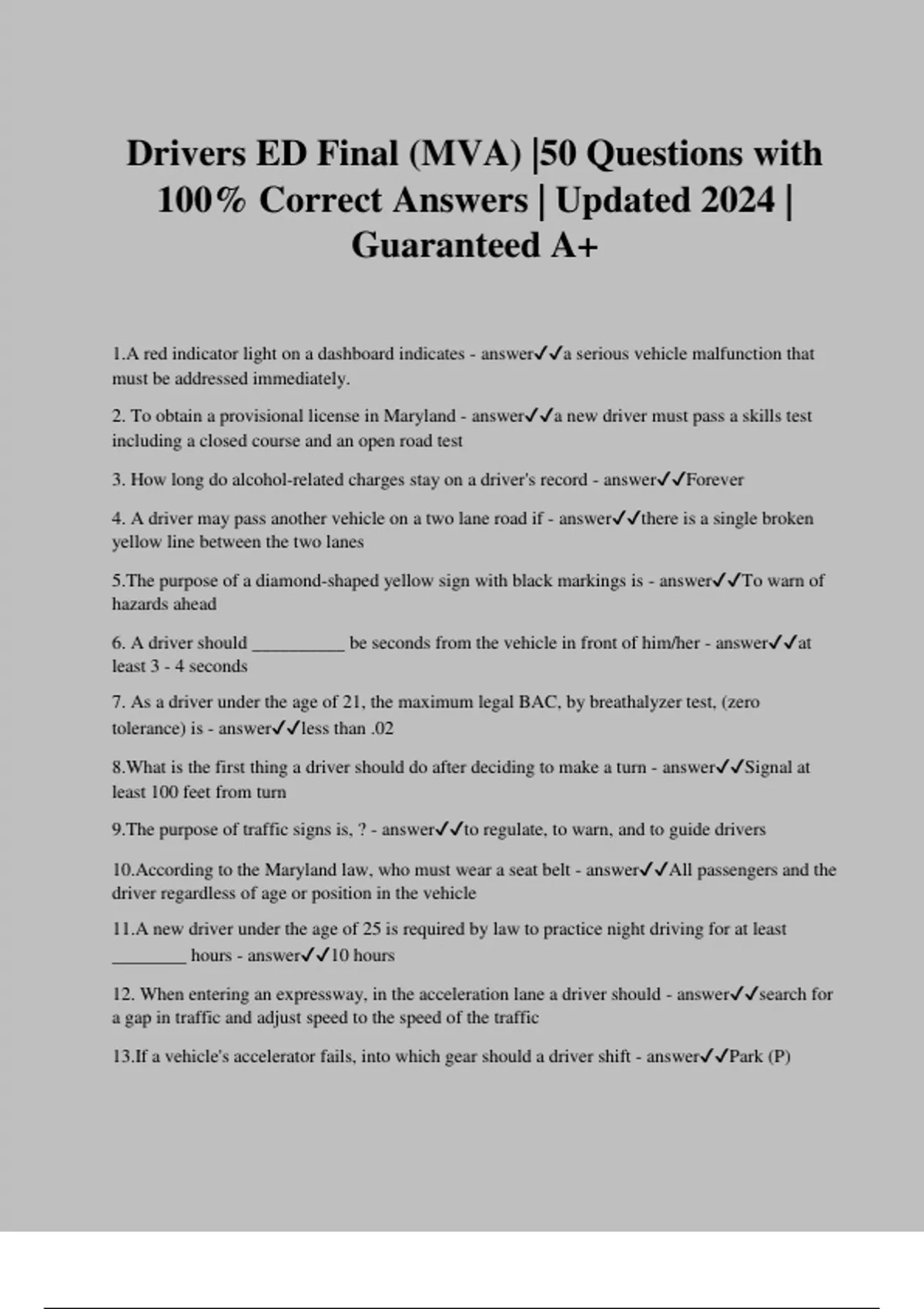 Drivers ED Final (MVA) 50 Questions with 100 Correct Answers