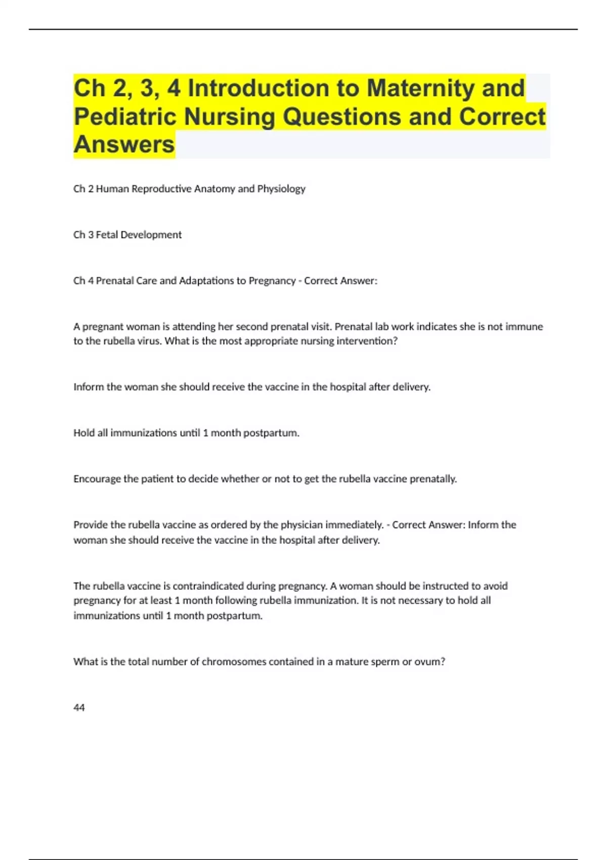 Ch 2, 3, 4 Introduction to Maternity and Pediatric Nursing Questions