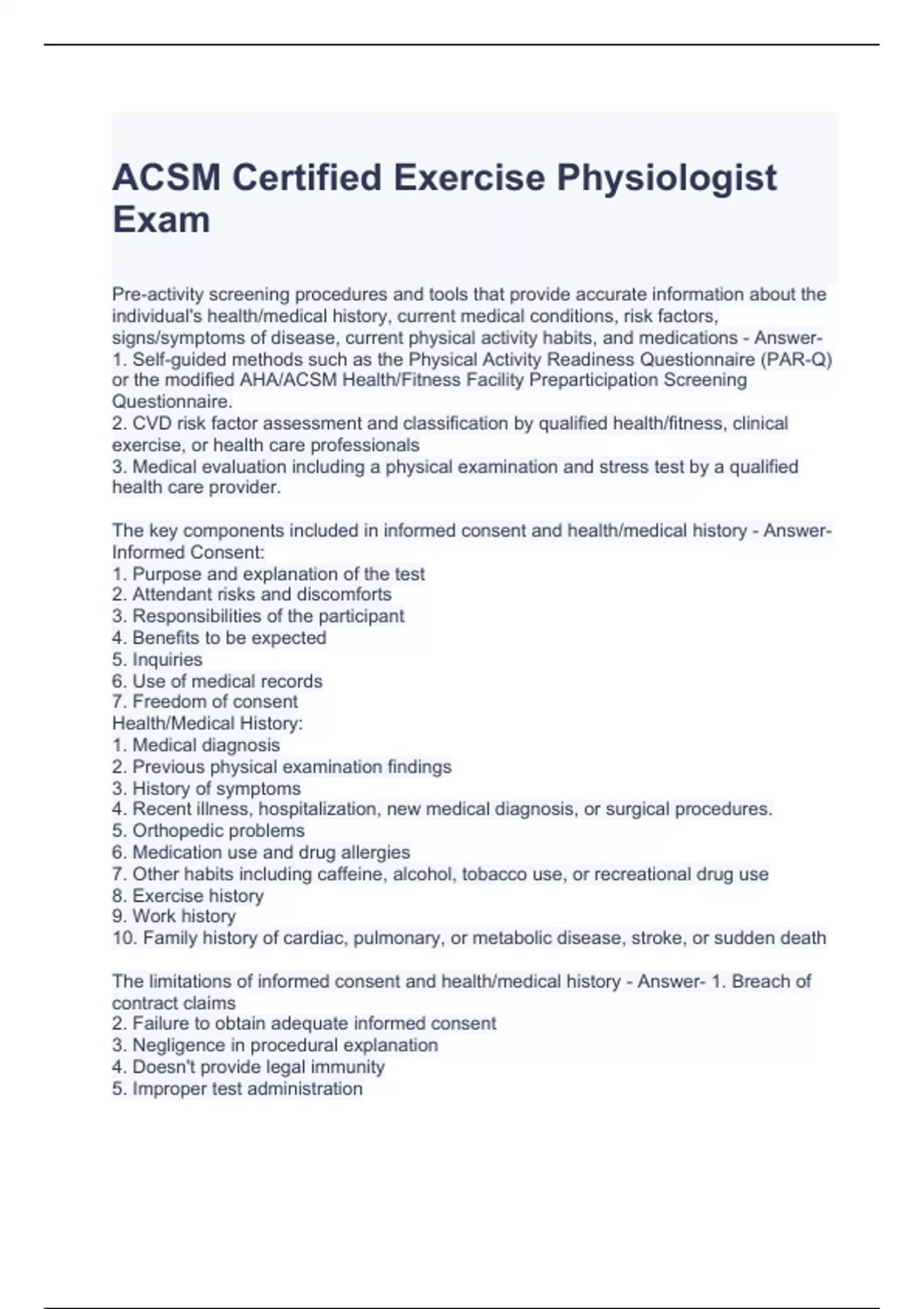 ACSM Certified Exercise Physiologist Exam with correct Answers ACSM