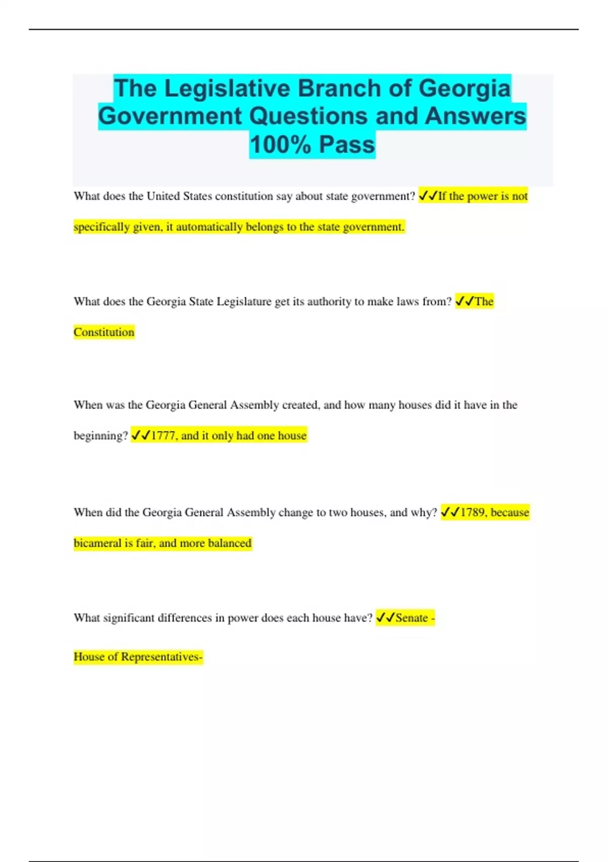 The Legislative Branch of Government Questions and Answers 100