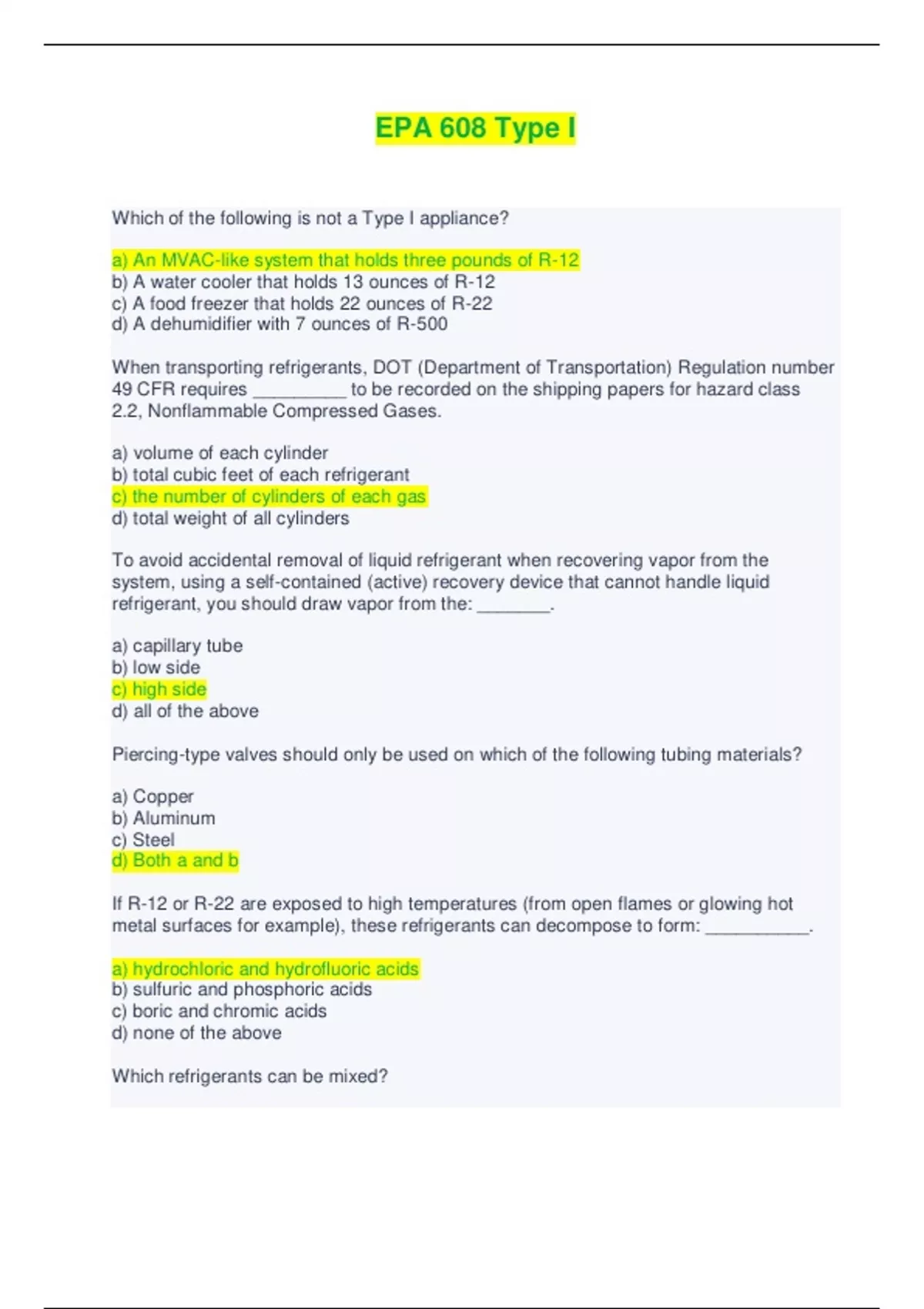 EPA 608 Type I - Questions and Answers - EPA 608 - Stuvia US