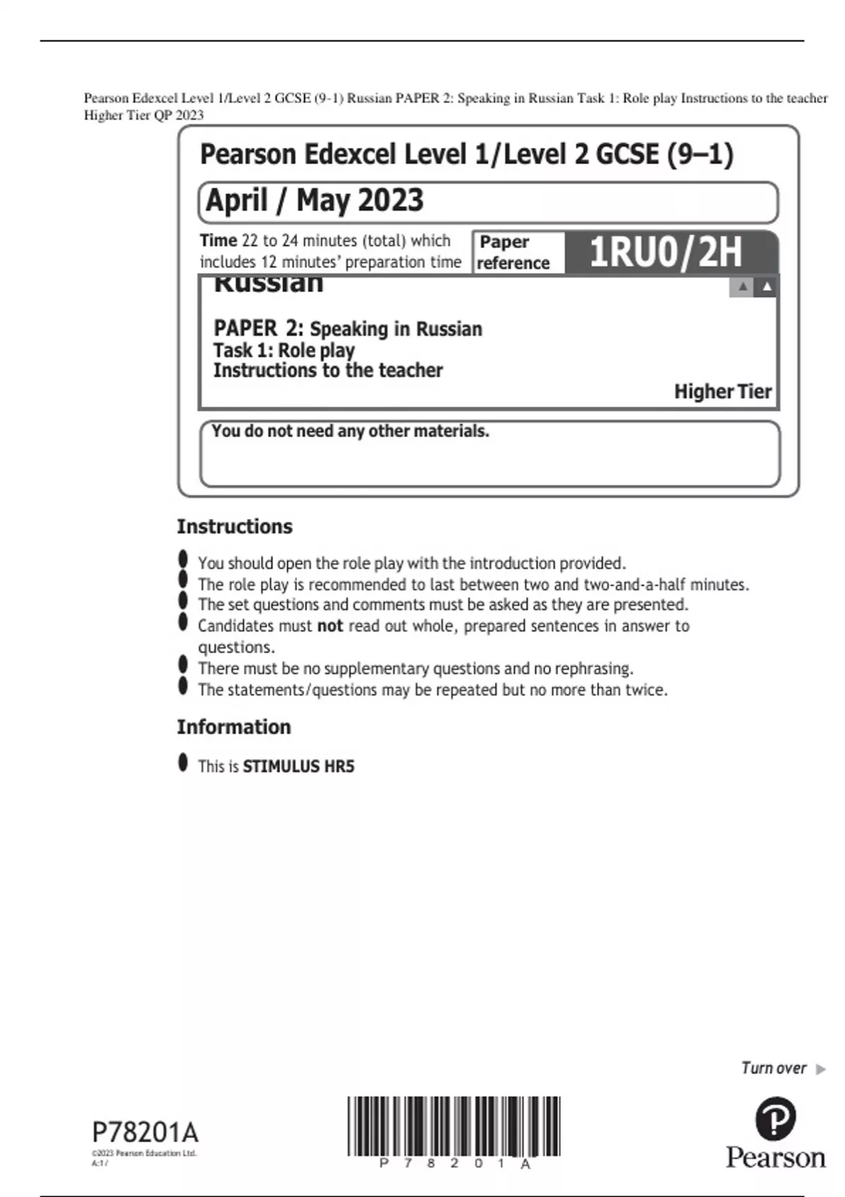 Pearson Edexcel Level 1/Level 2 GCSE (9–1) Russian PAPER 2: Speaking in ...