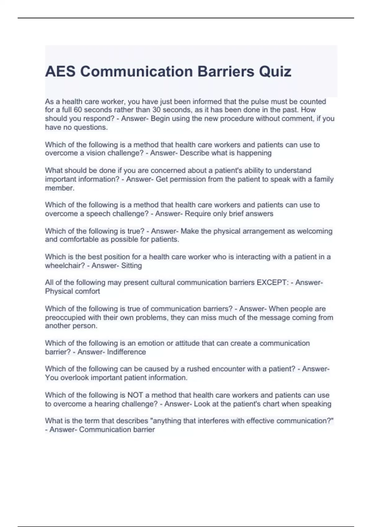 AES Communication Barriers Quiz 100 solved AES Communication