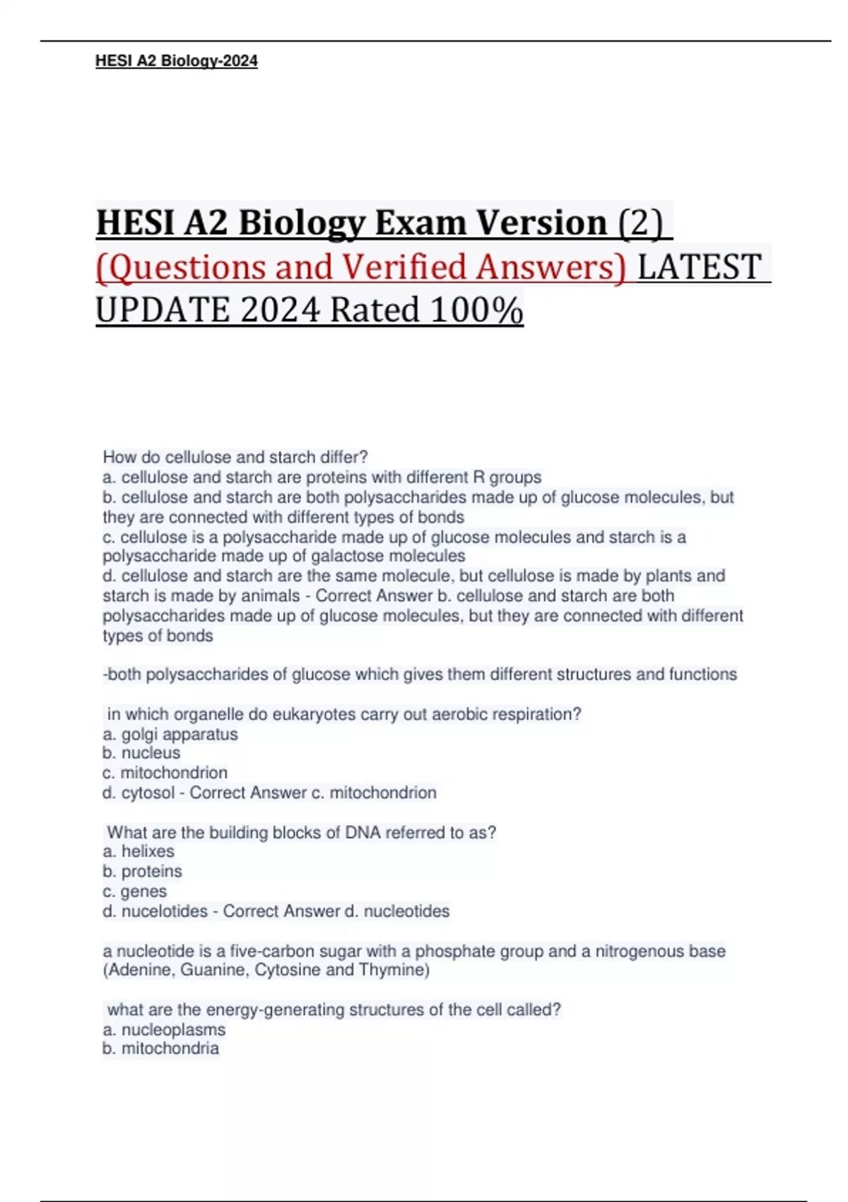 HESI A2 Biology Exam Version (2) (Questions and Verified Answers ...