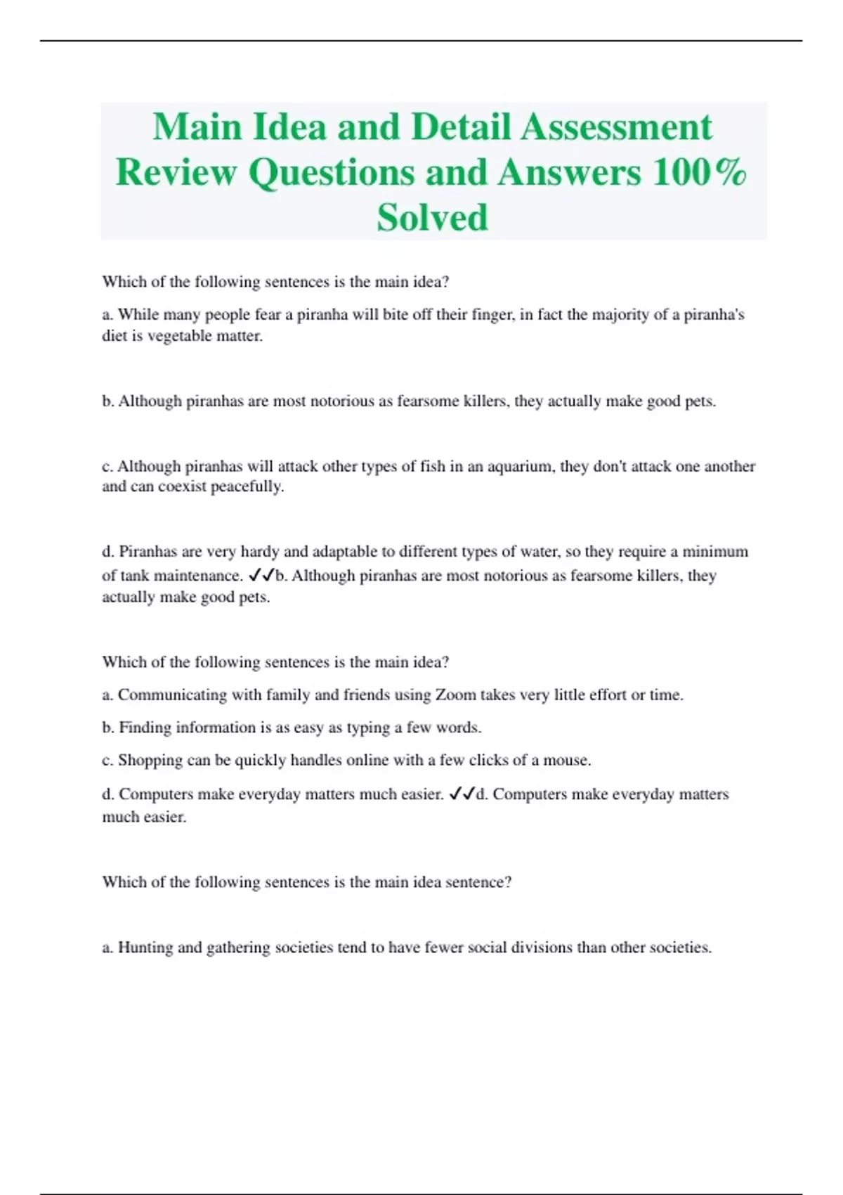 Main Idea and Detail Assessment Review Questions and Answers 100% ...