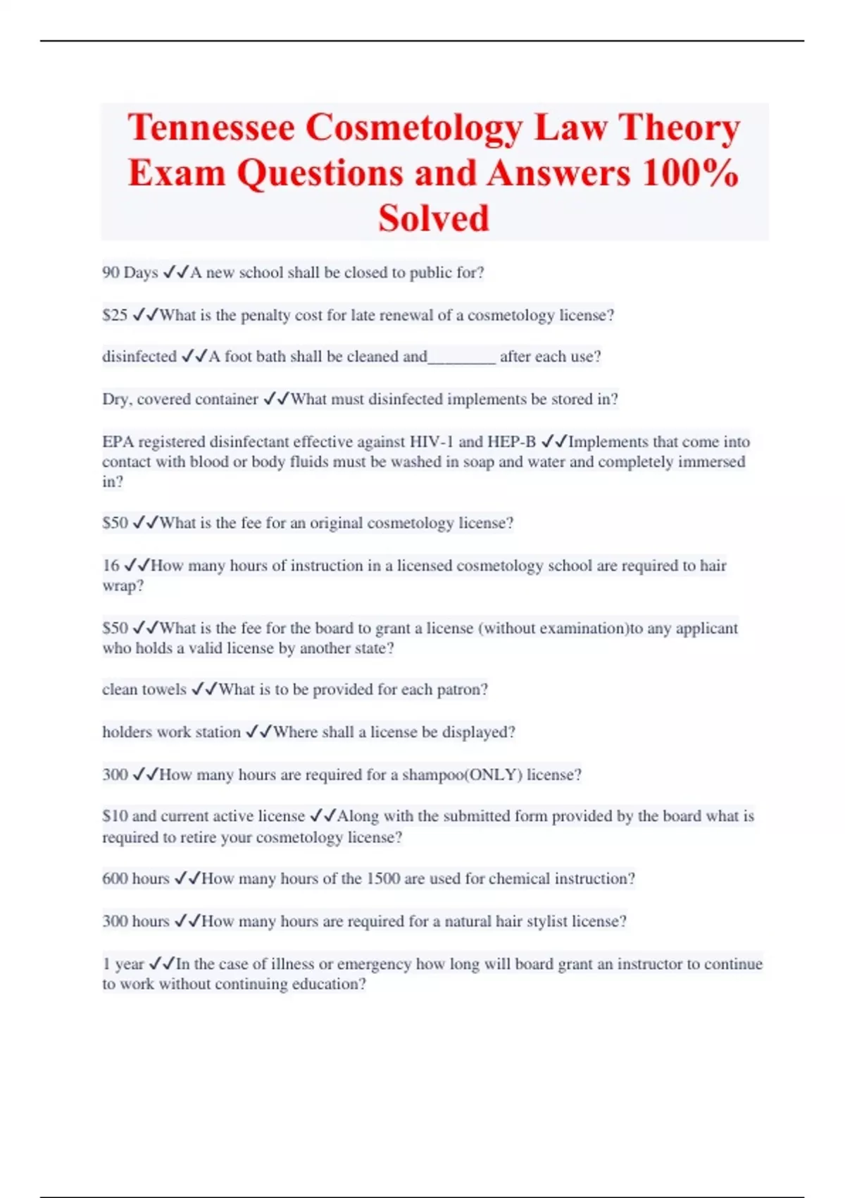 Tennessee Cosmetology Law Theory Exam Questions and Answers 100 Solved