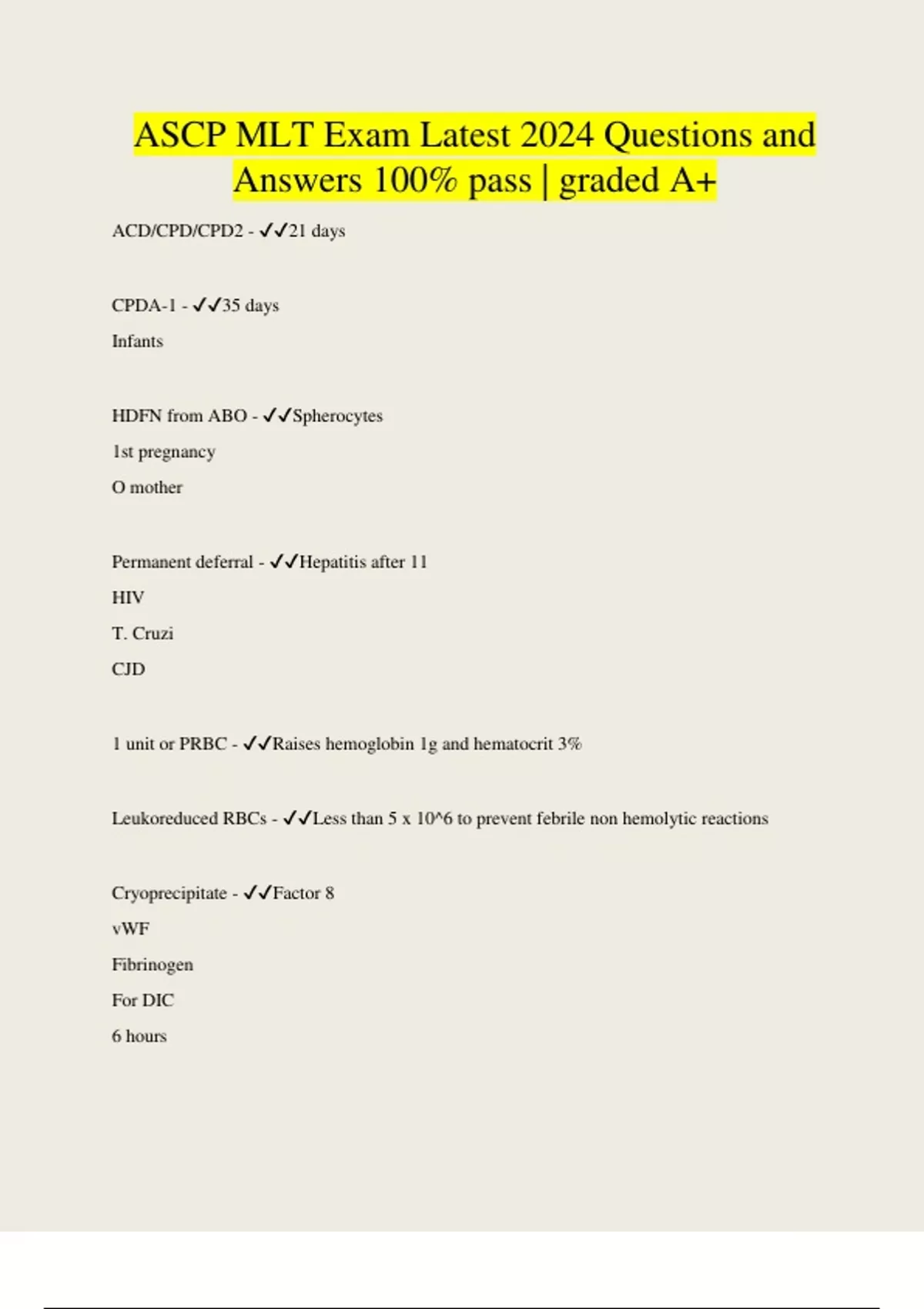 ASCP MLT Exam Latest 2024 Questions and Answers 100 pass graded A+