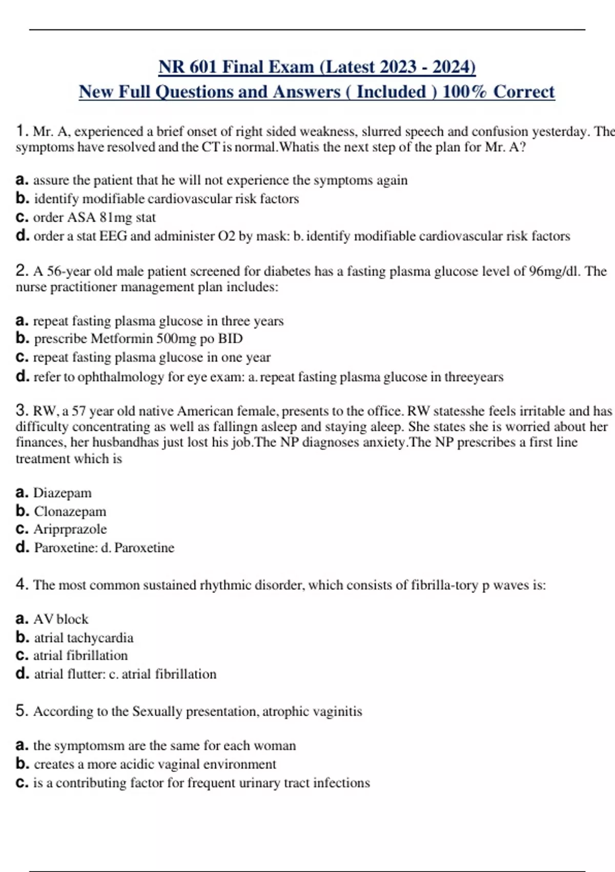 NR 601 Final Exam (Latest ) New Full Questions and Answers ( Included ...