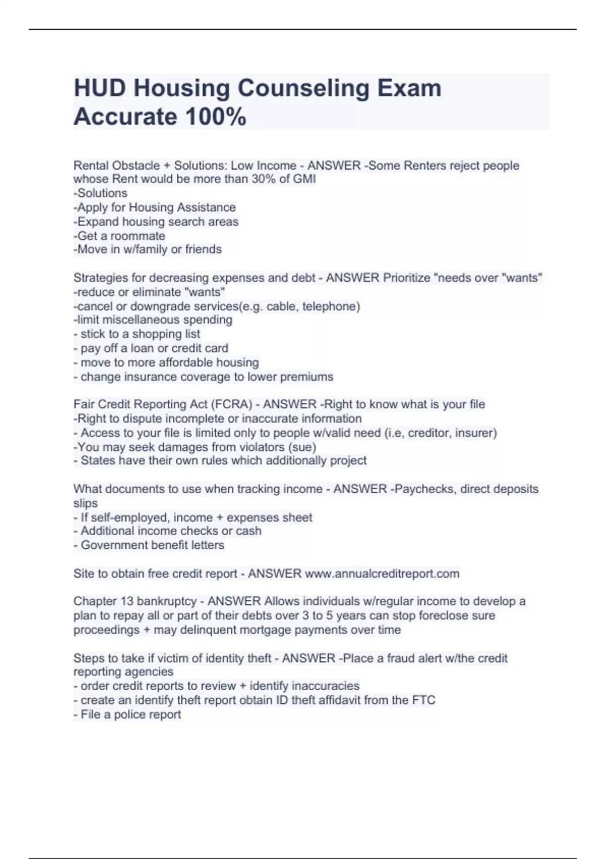 HUD Housing Counseling Exam Accurate 100 HUD Housing Counseling