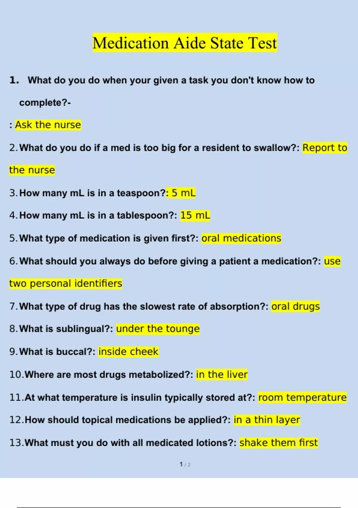 Medication Aide State Test Latest Update Questions and Answers (2023 / 2024) (Verified Answers