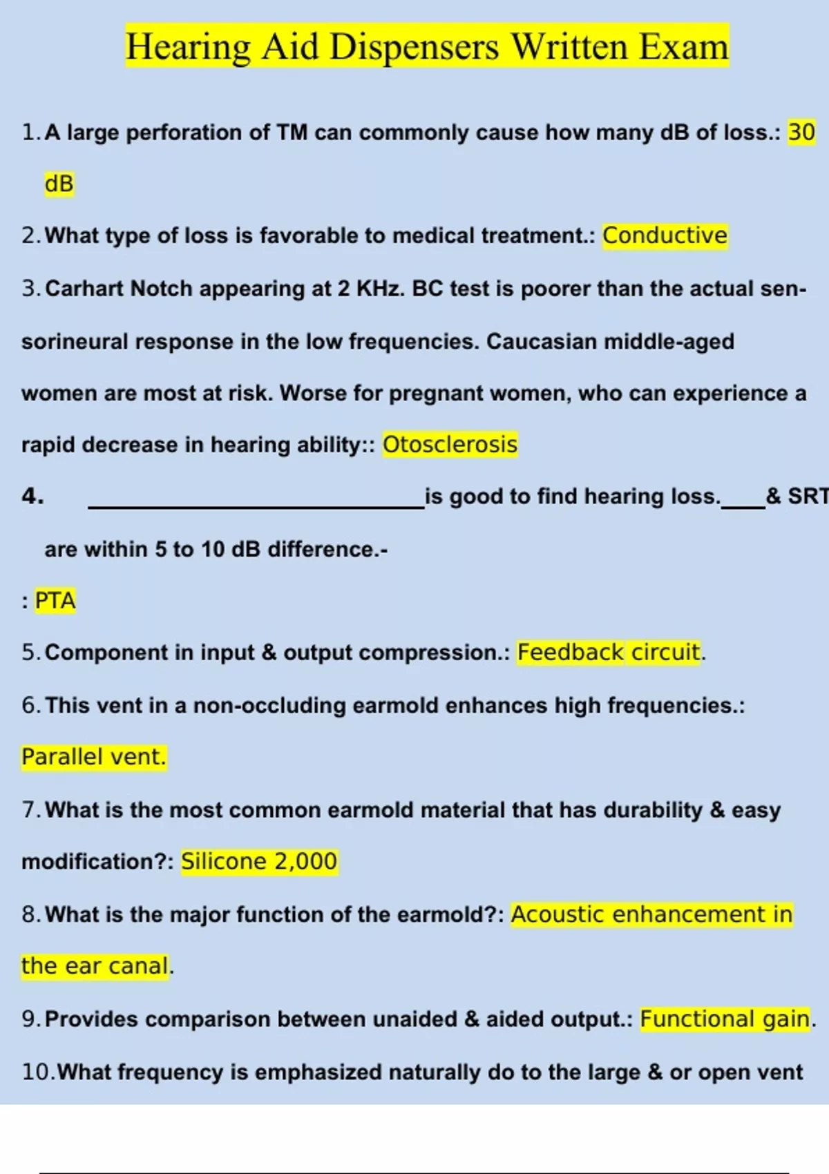 Hearing Aid Dispensers Written Exam 2024 Questions with Verified