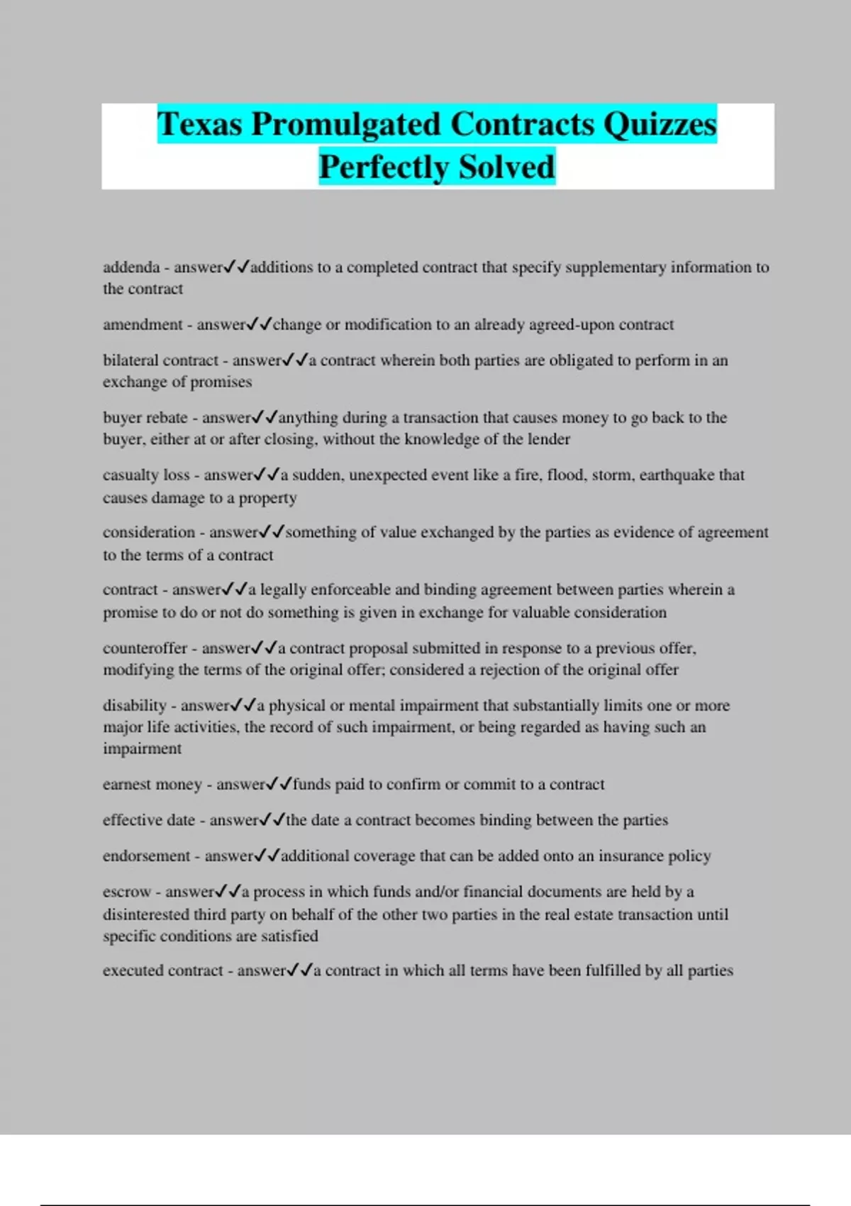 Texas Promulgated Contracts Quizzes Perfectly Solved Promulgated