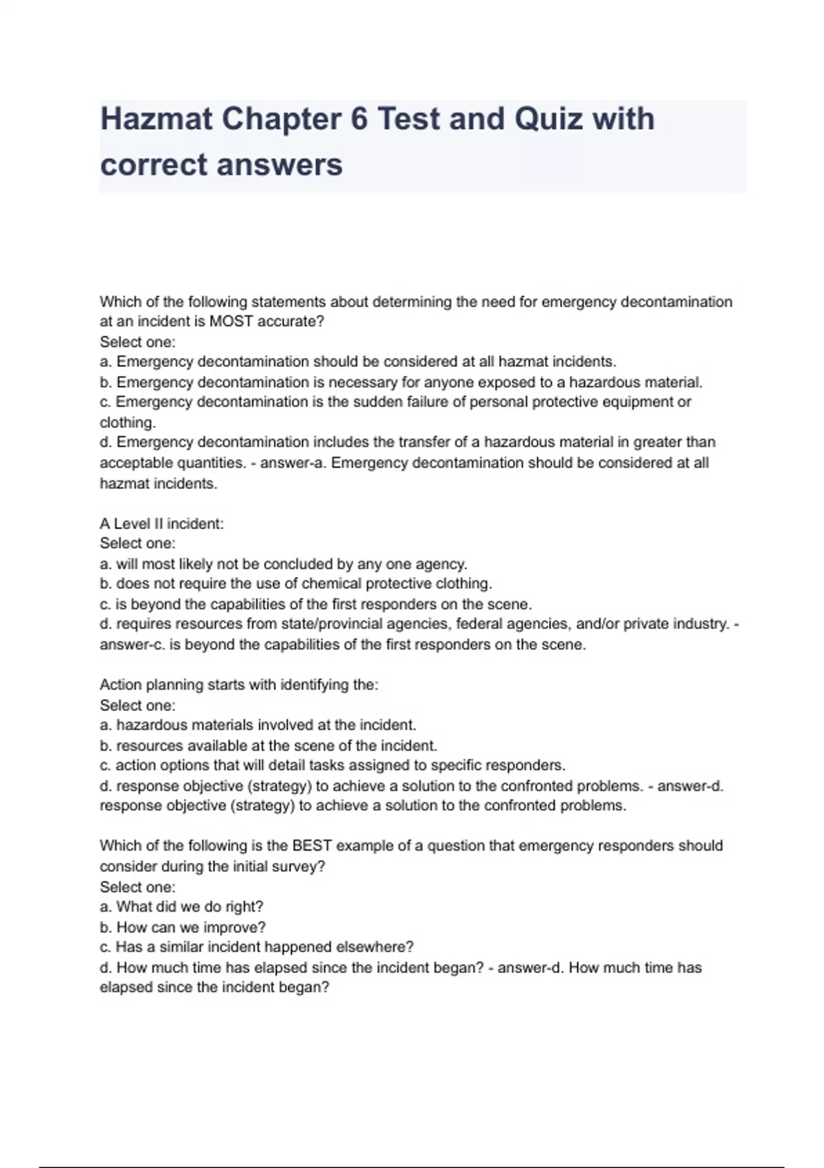 Hazmat Chapter 6 Test and Quiz with correct answers Hazmat Chapter 6