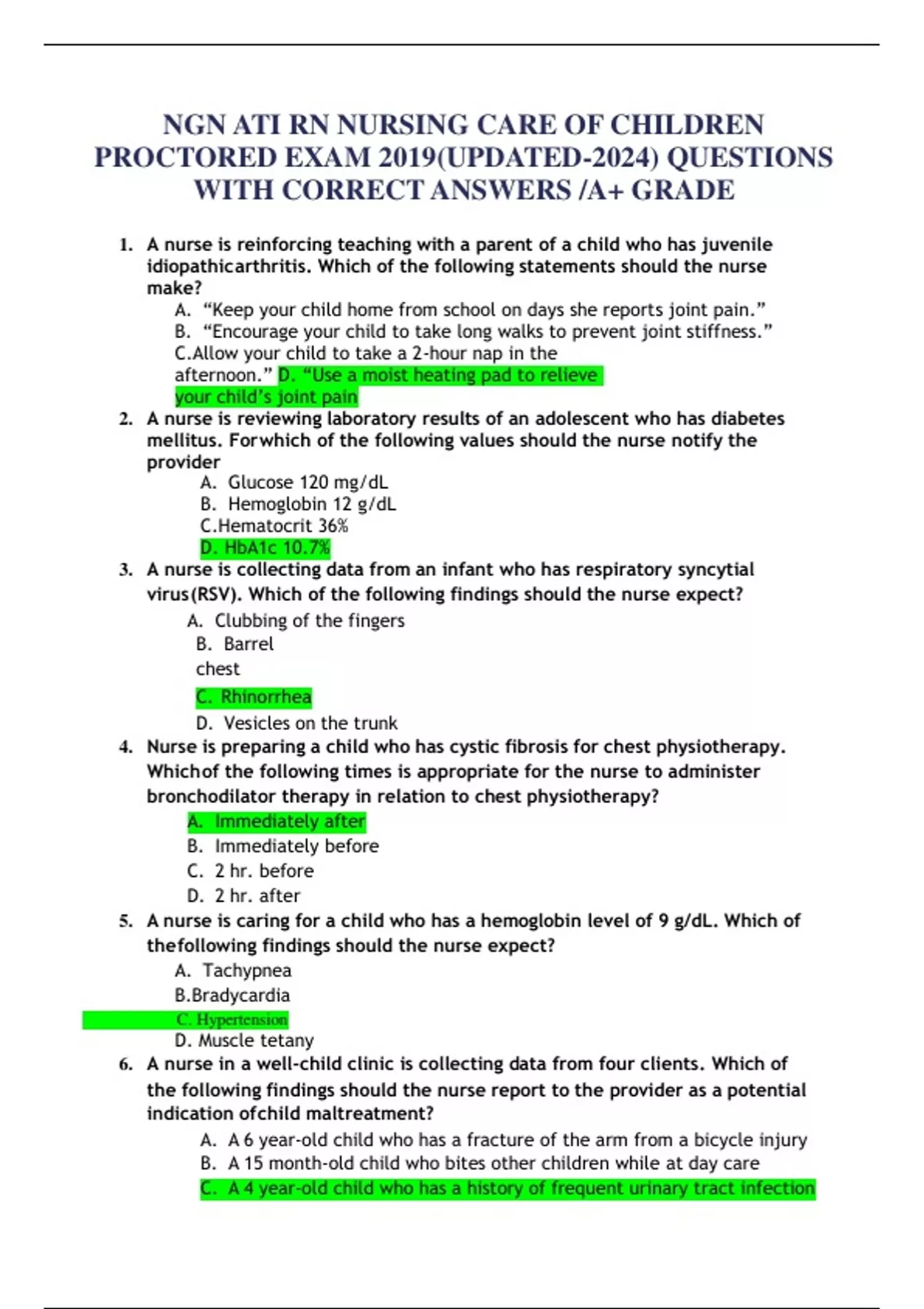 NGN ATI RN NURSING CARE OF CHILDREN PROCTORED EXAM 2019(UPDATED-2024 ...