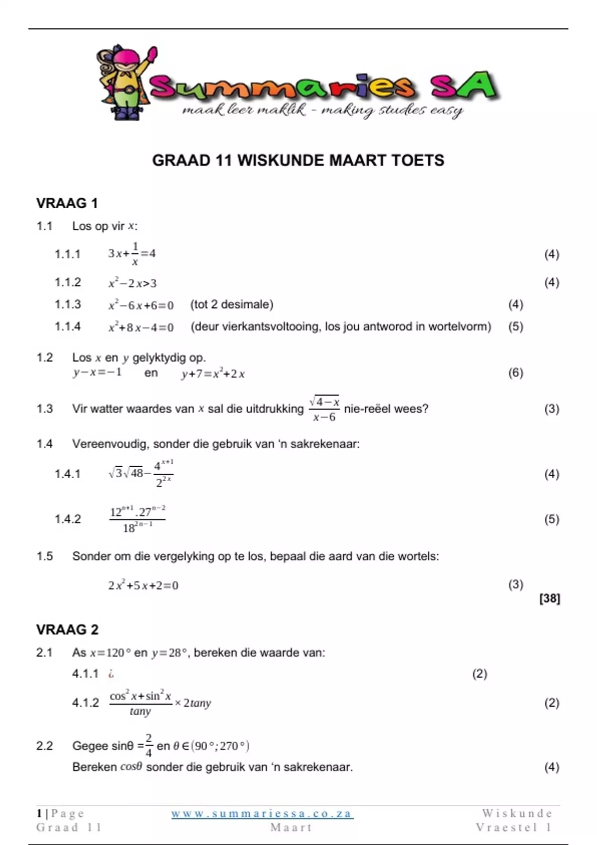 Graad 11 Wiskunde (WISK) Maart Vraestel en Memo - 2024 - Mathematics ...