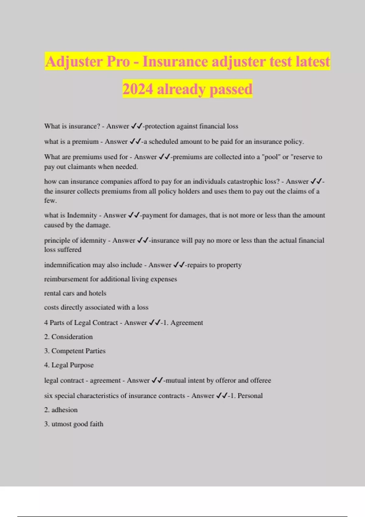 Adjuster Pro Insurance adjuster test latest 2024 already passed