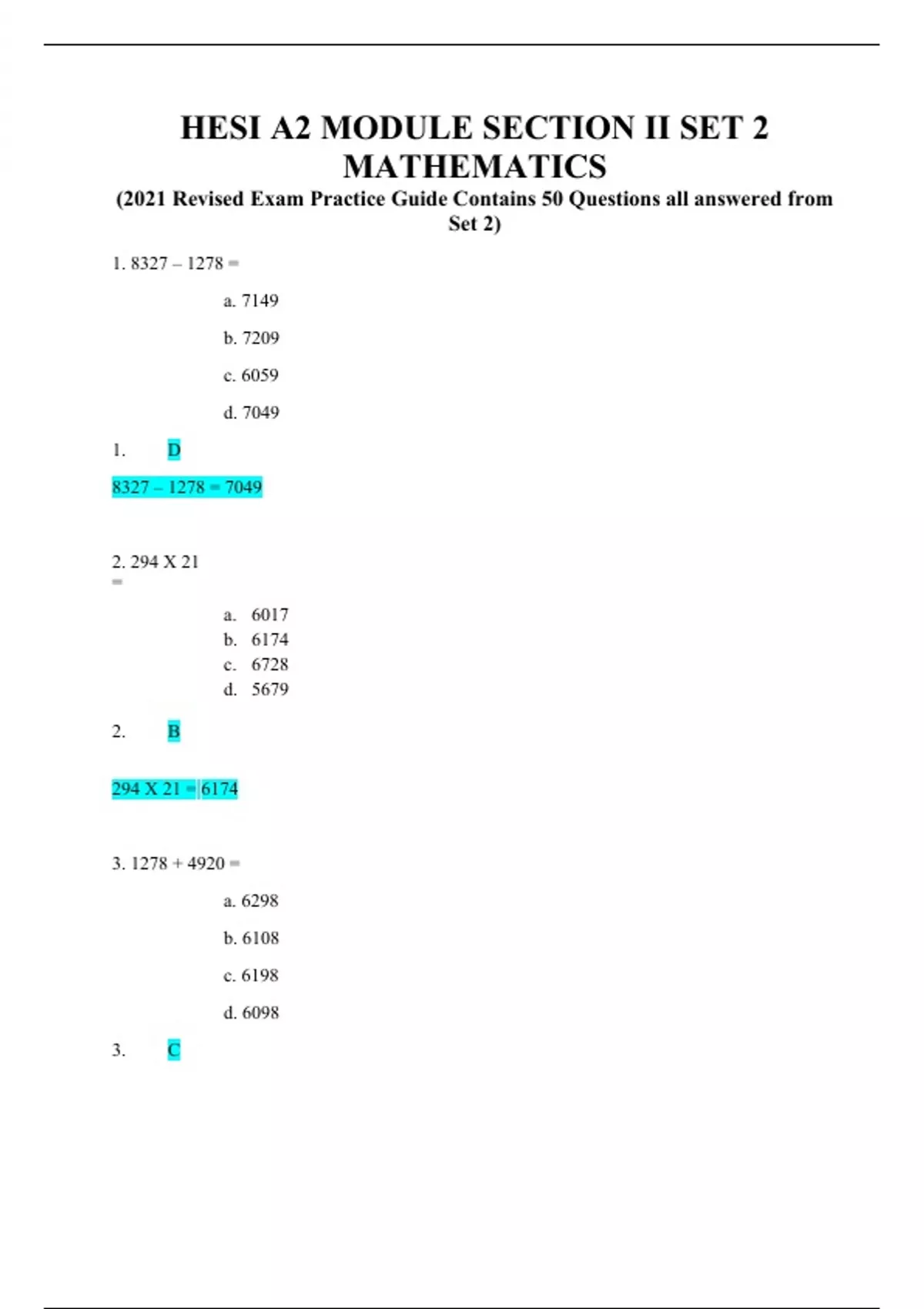 HESI A2 MODULE SECTION II SET 2 MATHEMATICS (2021 Revised Exam Practice ...