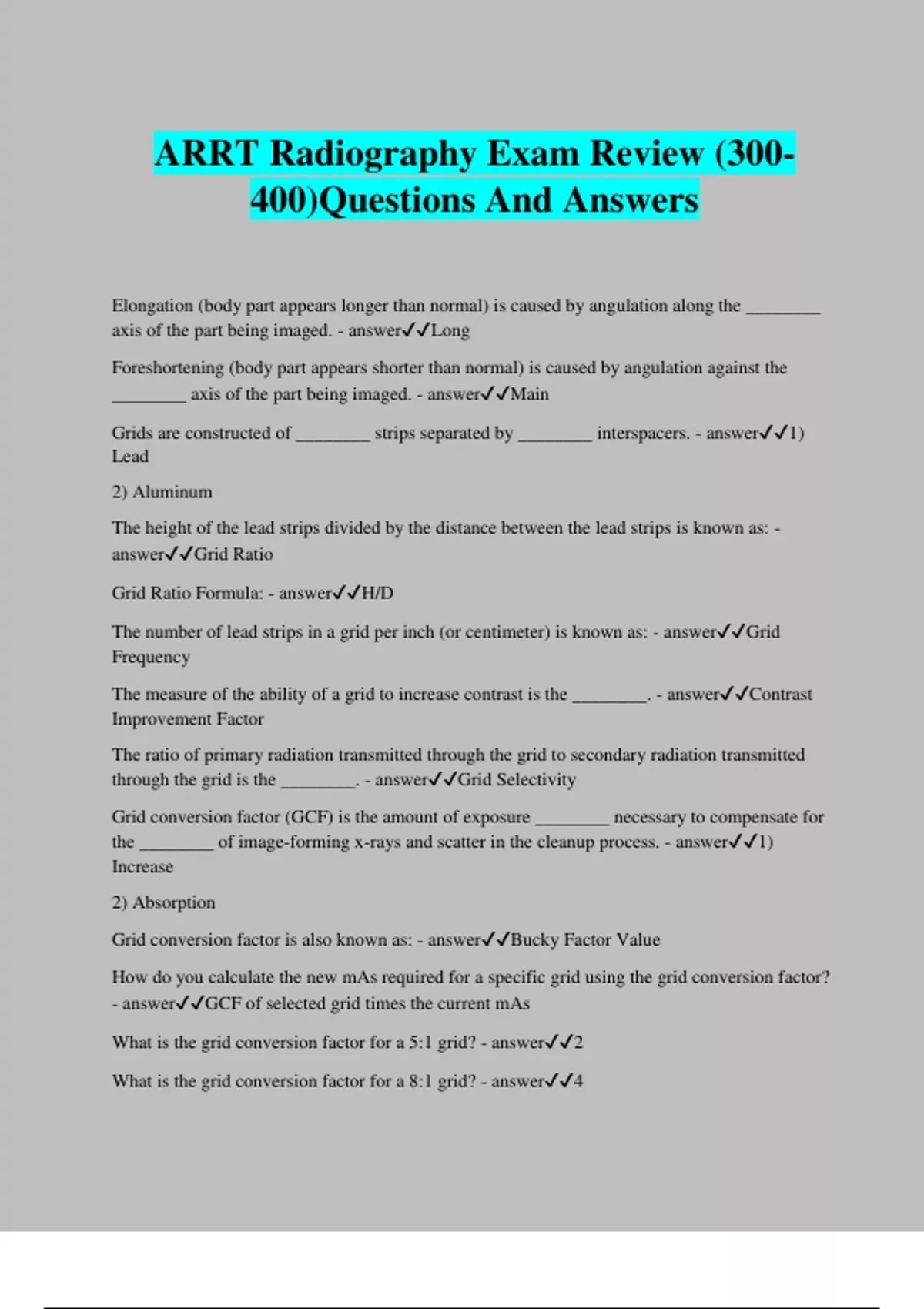 ARRT Radiography Exam Review (300 400)Questions And Answers ARRT