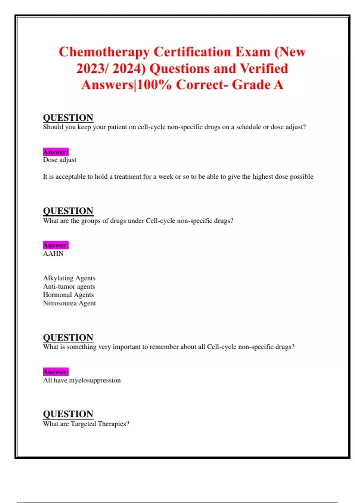 Chemotherapy Certification Exam (New 2023/ 2024) Questions and Verified