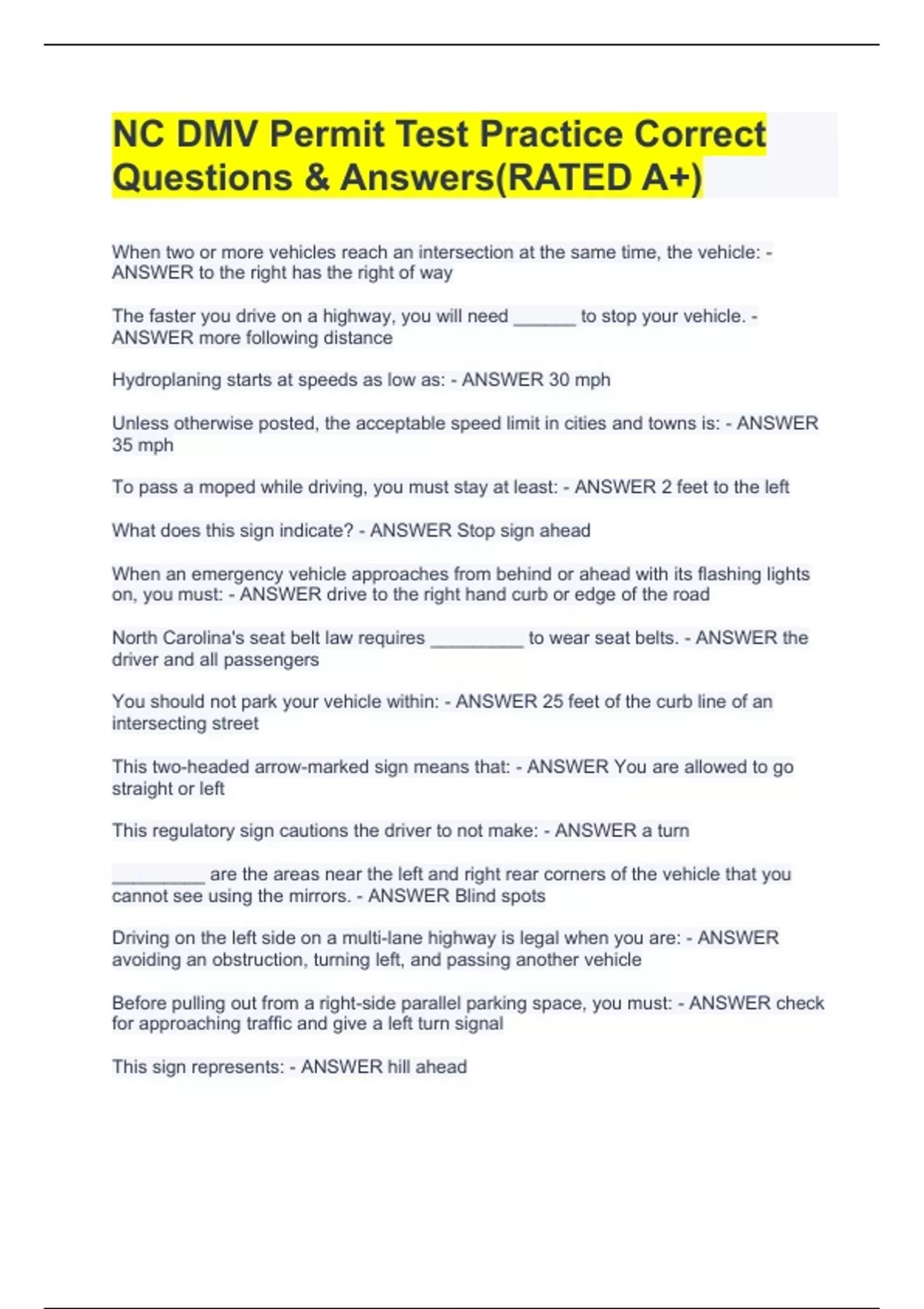 NC DMV Permit Test Practice Correct Questions & Answers(RATED A+) North Carolina DMV Permit
