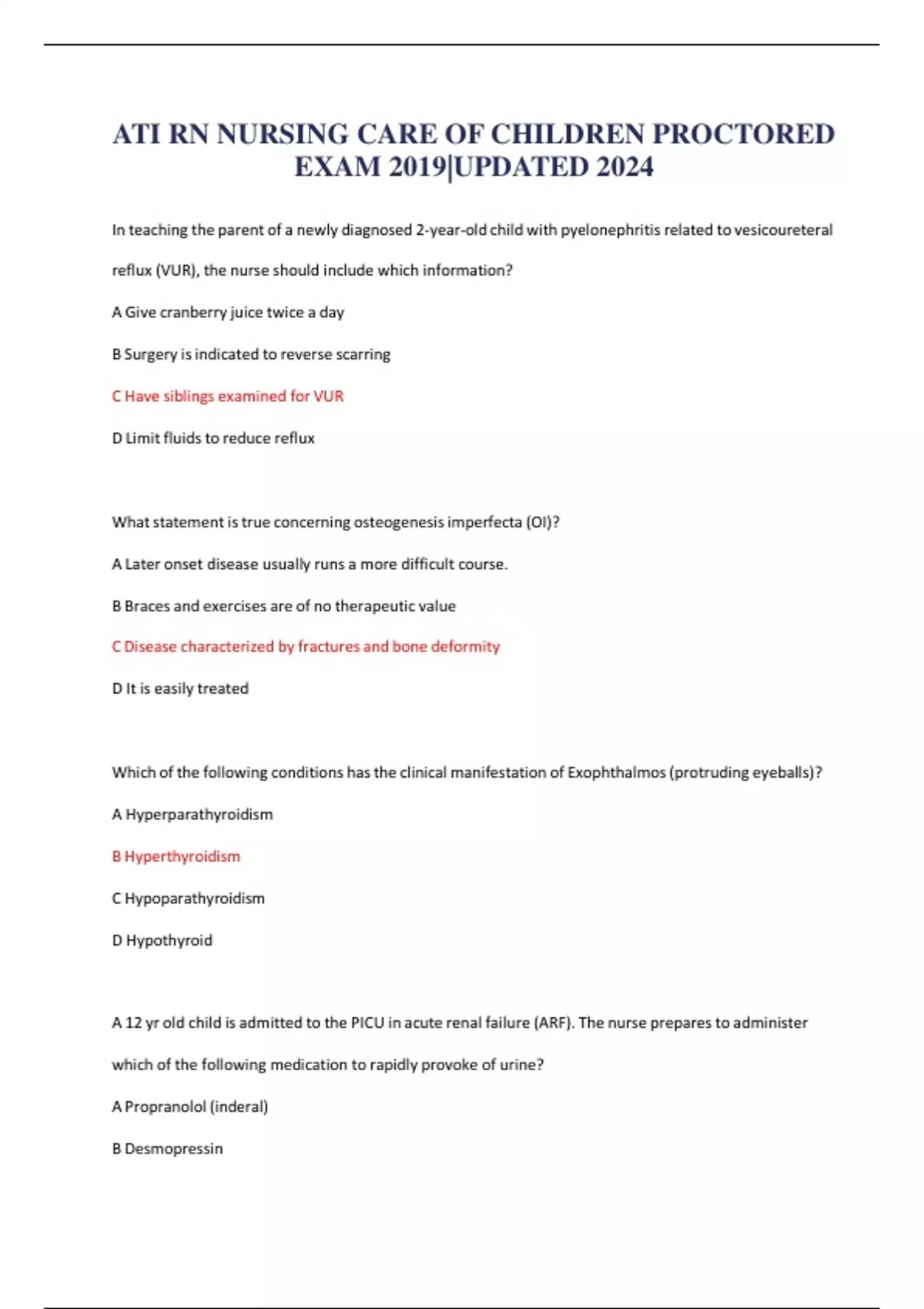 ATI RN NURSING CARE OF CHILDREN PROCTORED EXAM 2019|UPDATED 2024 - ATI