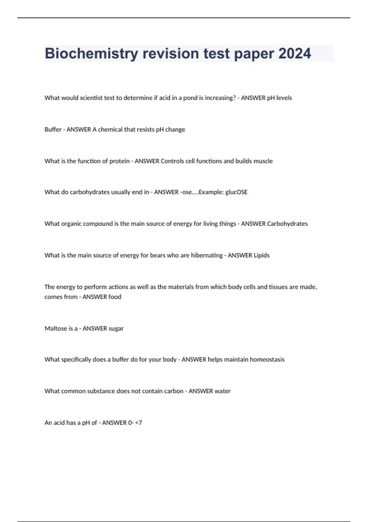 Biochemistry revision test paper 2024 - Biochemistry. - Stuvia US
