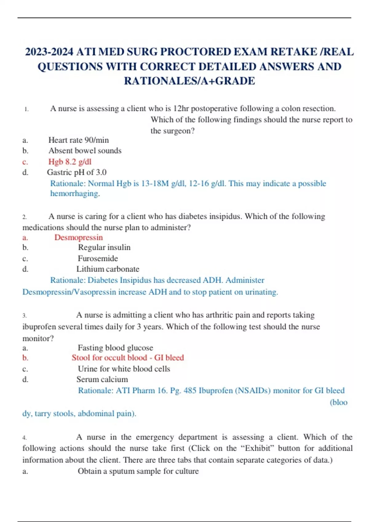 ATI MED SURG PROCTORED EXAM RETAKE /REAL QUESTIONS WITH CORRECT(00)