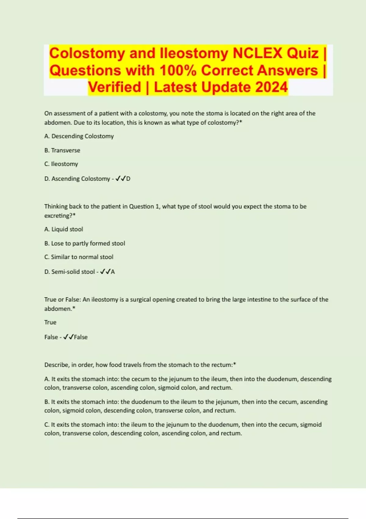 Colostomy and Ileostomy NCLEX Quiz Questions with 100 Correct