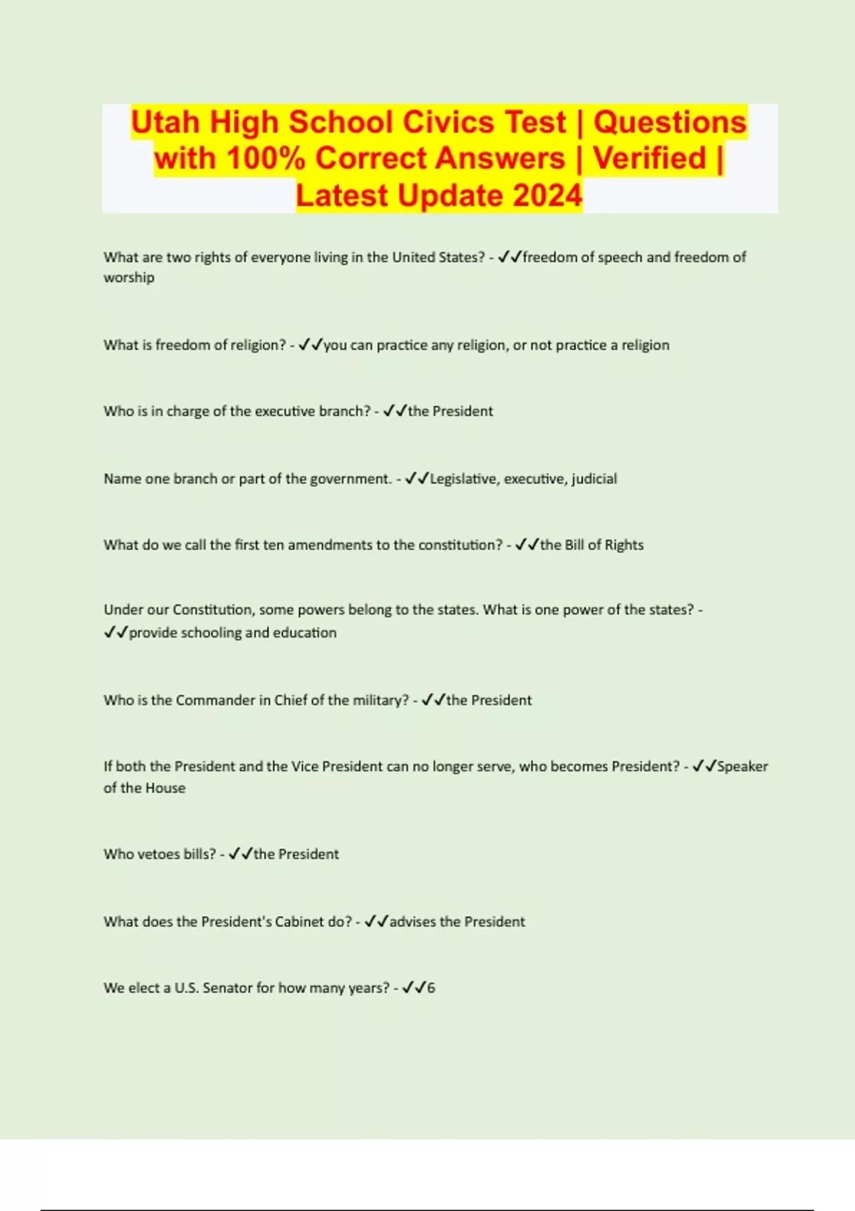 Utah High School Civics Test Questions with 100 Correct Answers